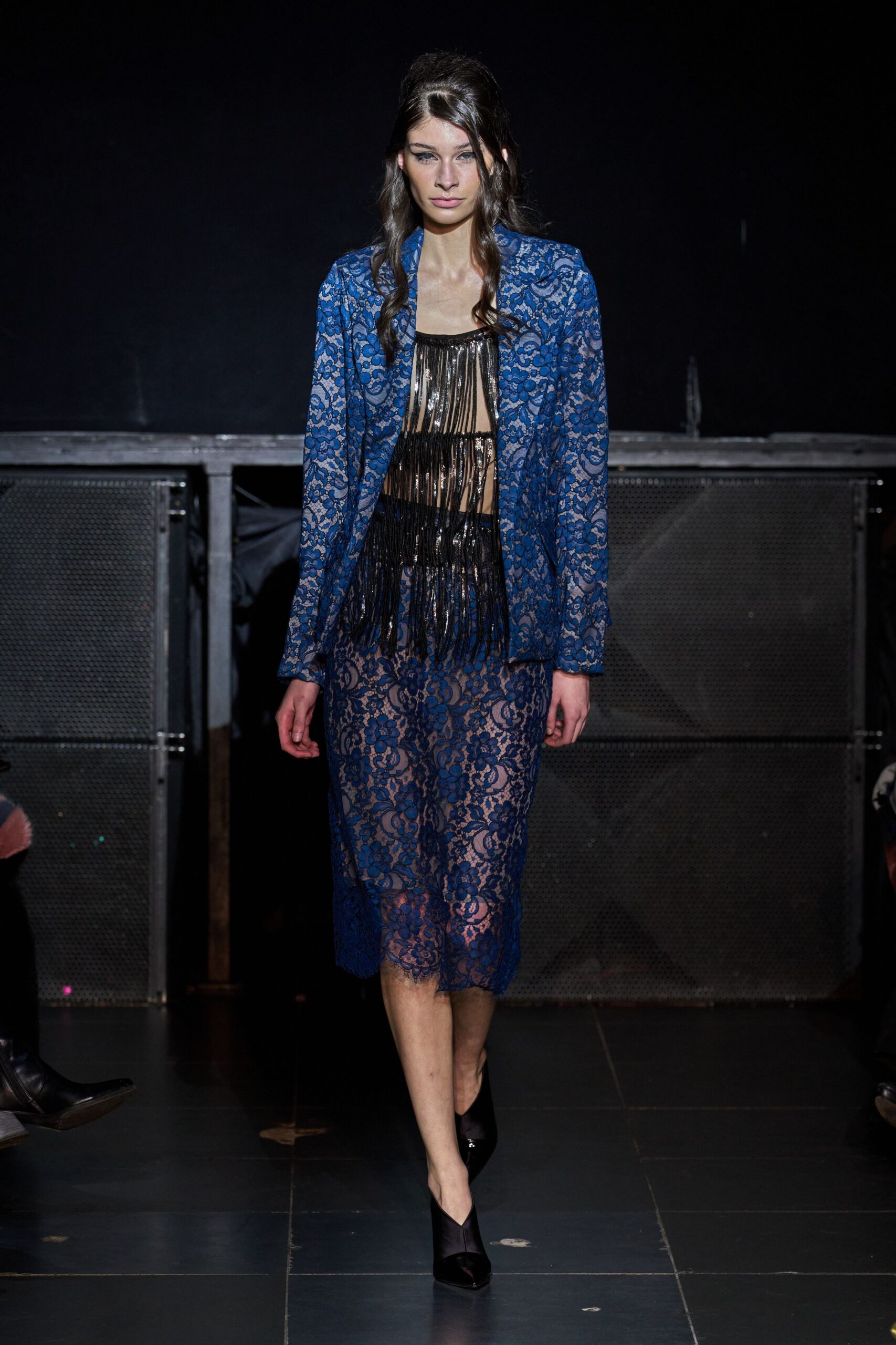 blue lace long-sleeve collared fitted layered jacket