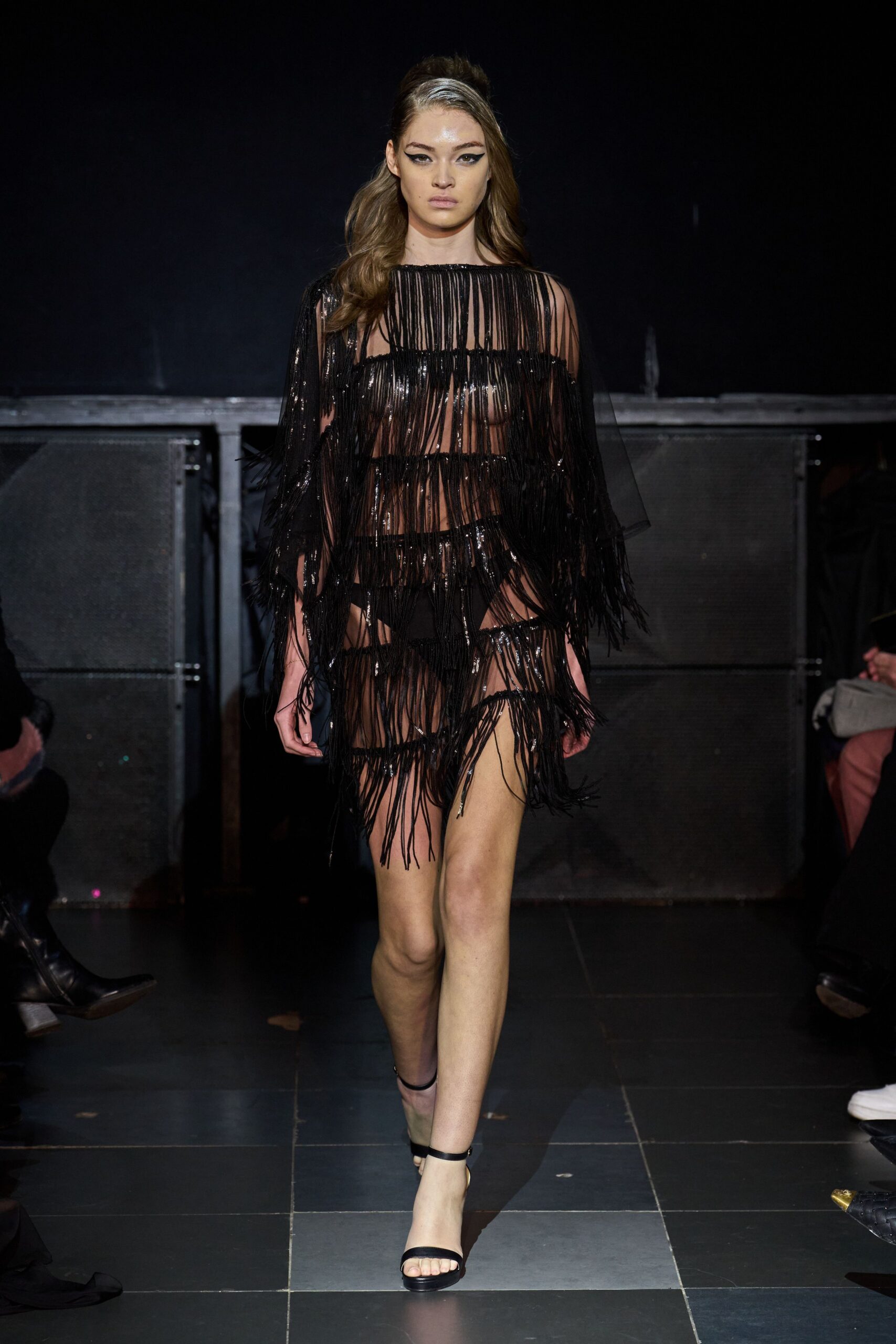 black mesh sleeveless v-neck fitted fringed layered dress