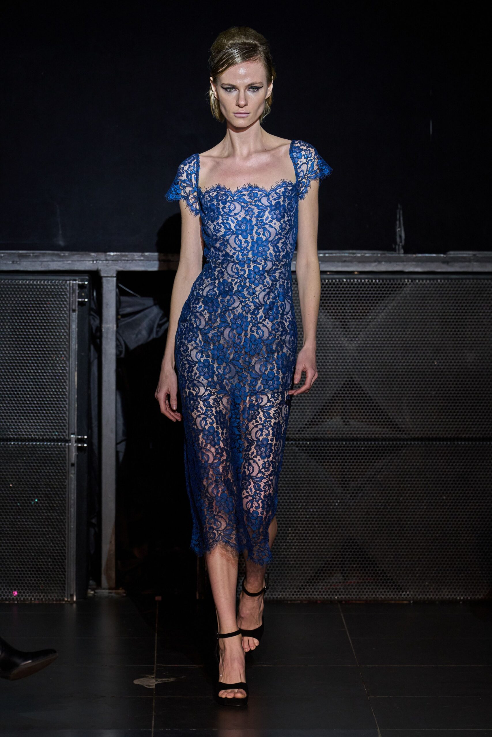 blue lace sleeveless v-neck fitted embroidered sheer dress