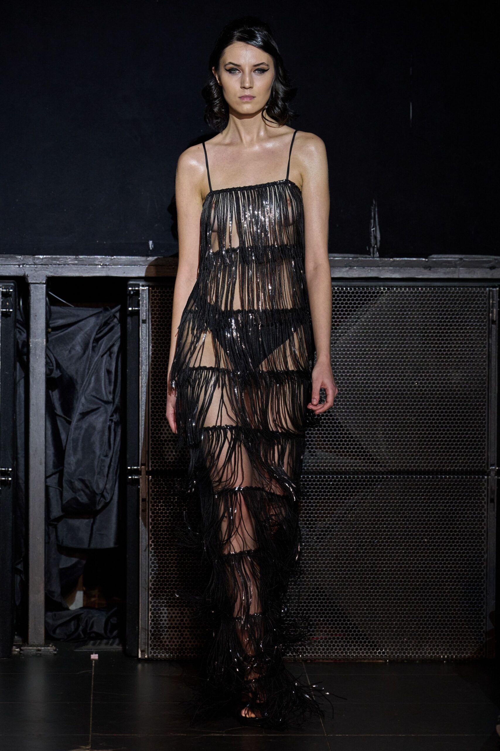 black silk sleeveless gown