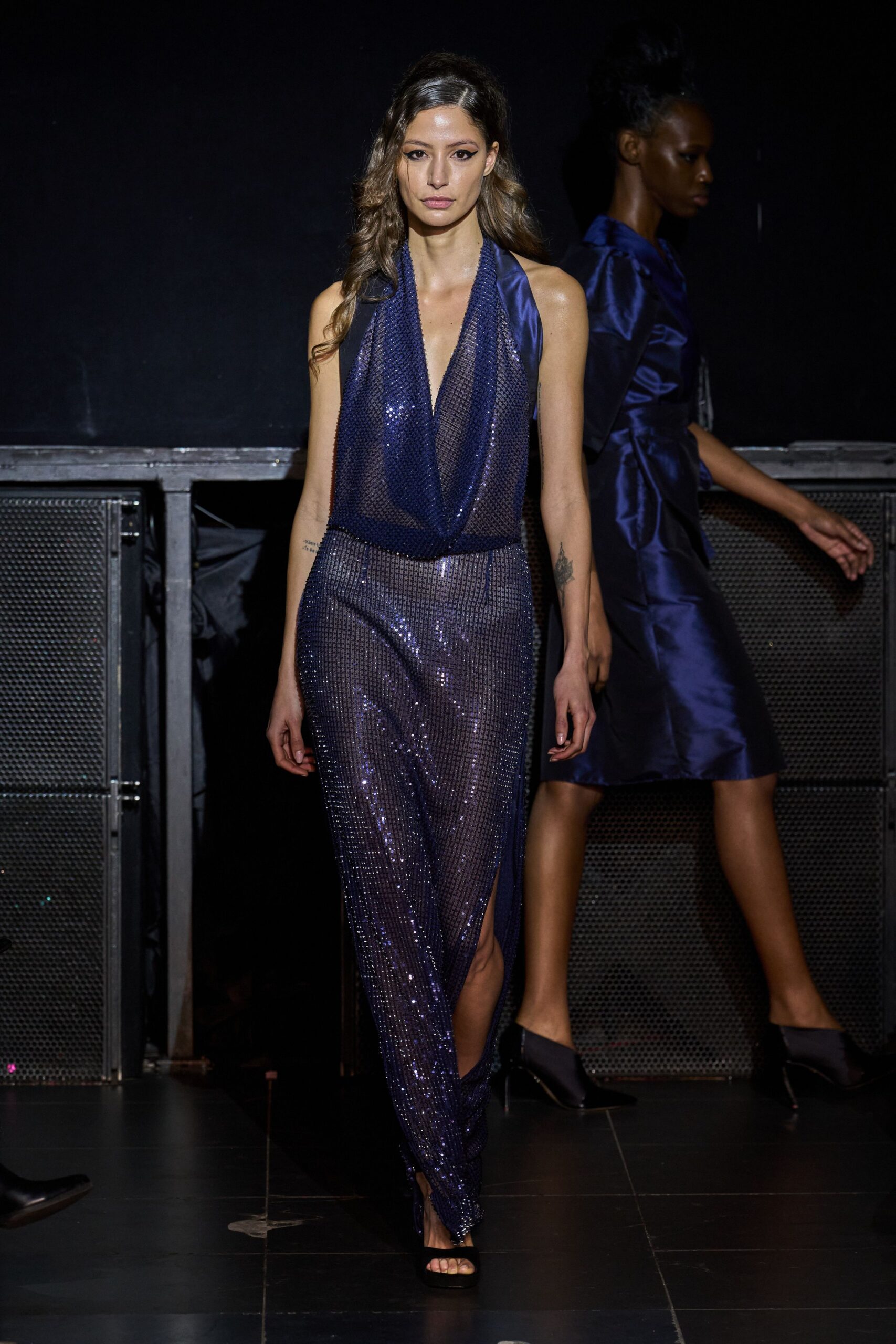 blue silk sleeveless v-neck fitted sequined shiny gown