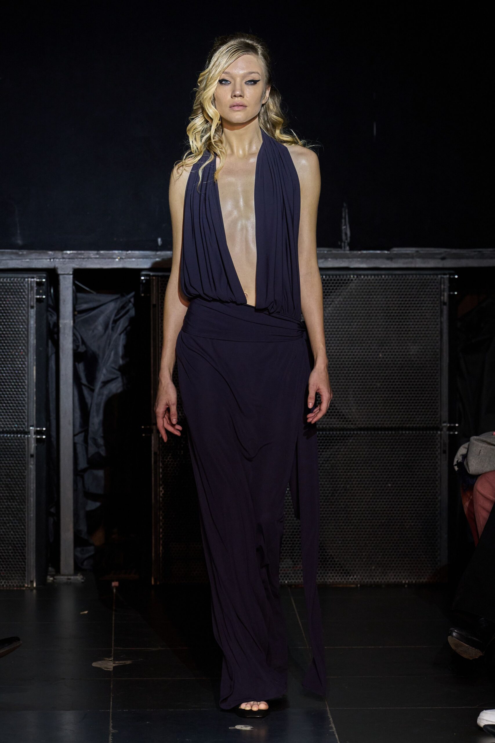 black silk sleeveless v-neck fitted draped flowing gown