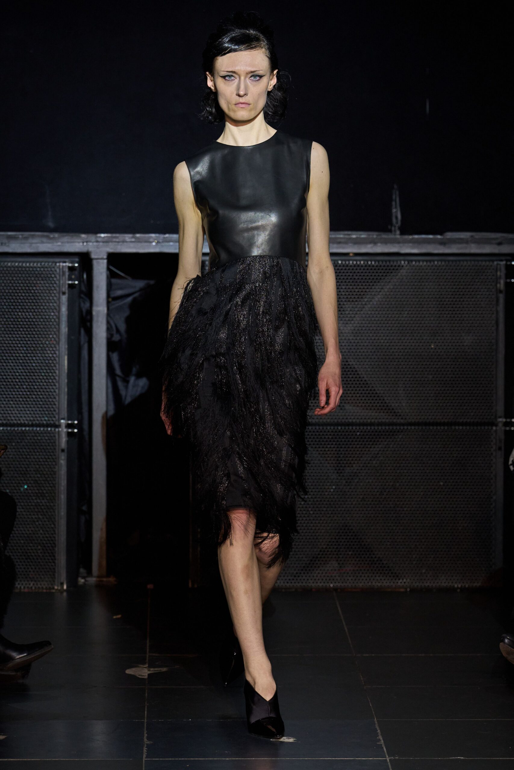 black leather sleeveless high-neck fitted ruffled midi dress