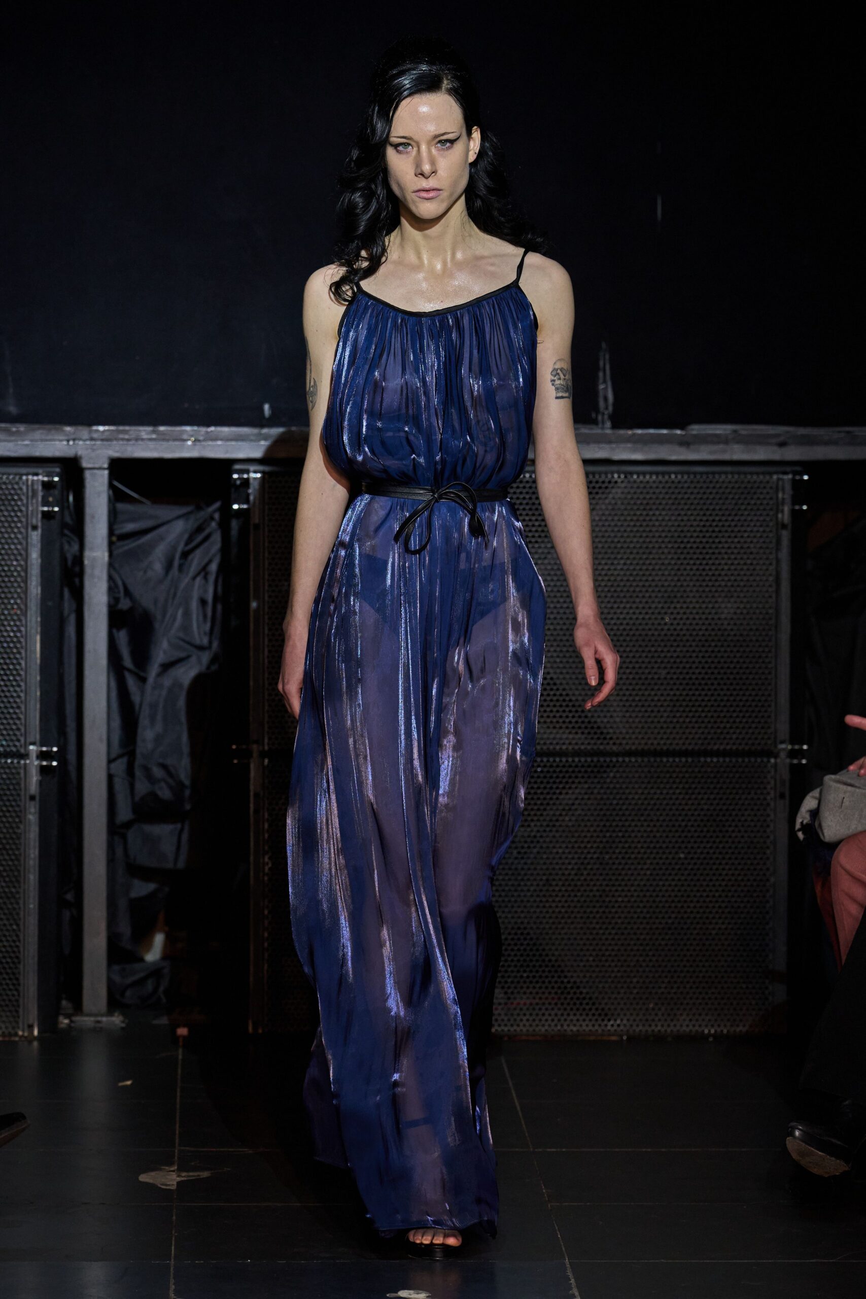 blue silk sleeveless v-neck relaxed pleated flowing gown