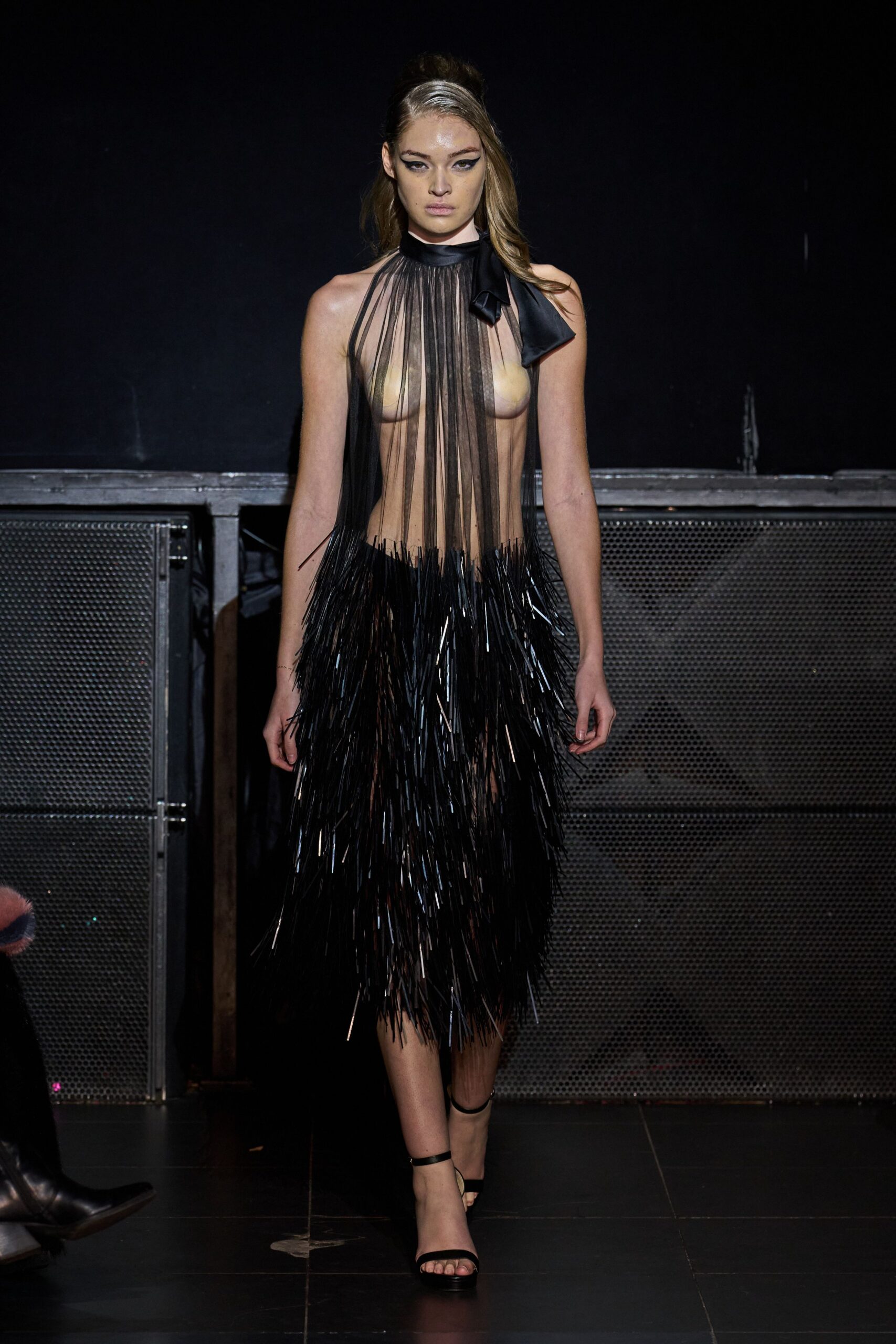 black mesh sleeveless high-neck fitted fringed sheer dress