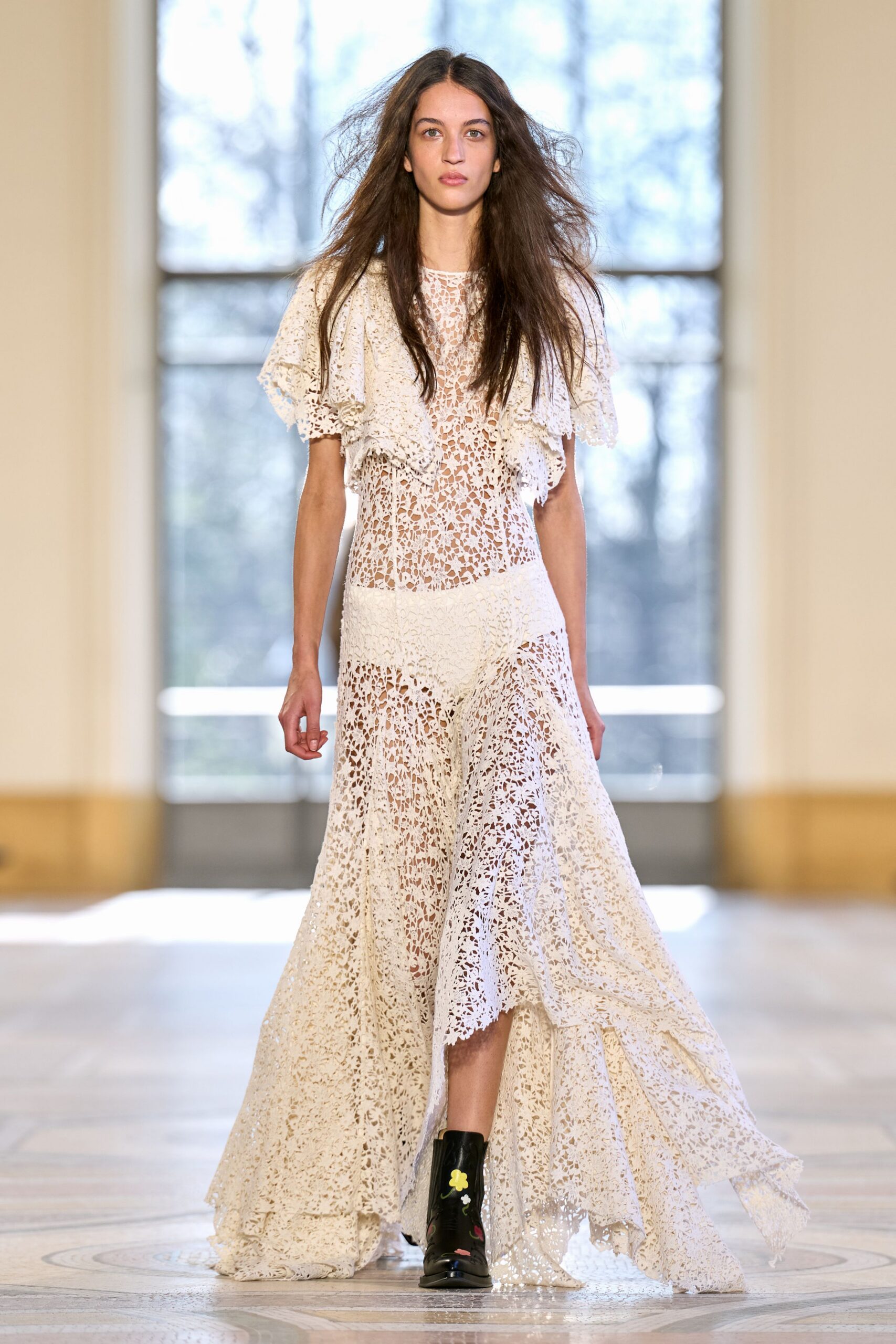white lace sleeveless v-neck fitted layered flared gown
