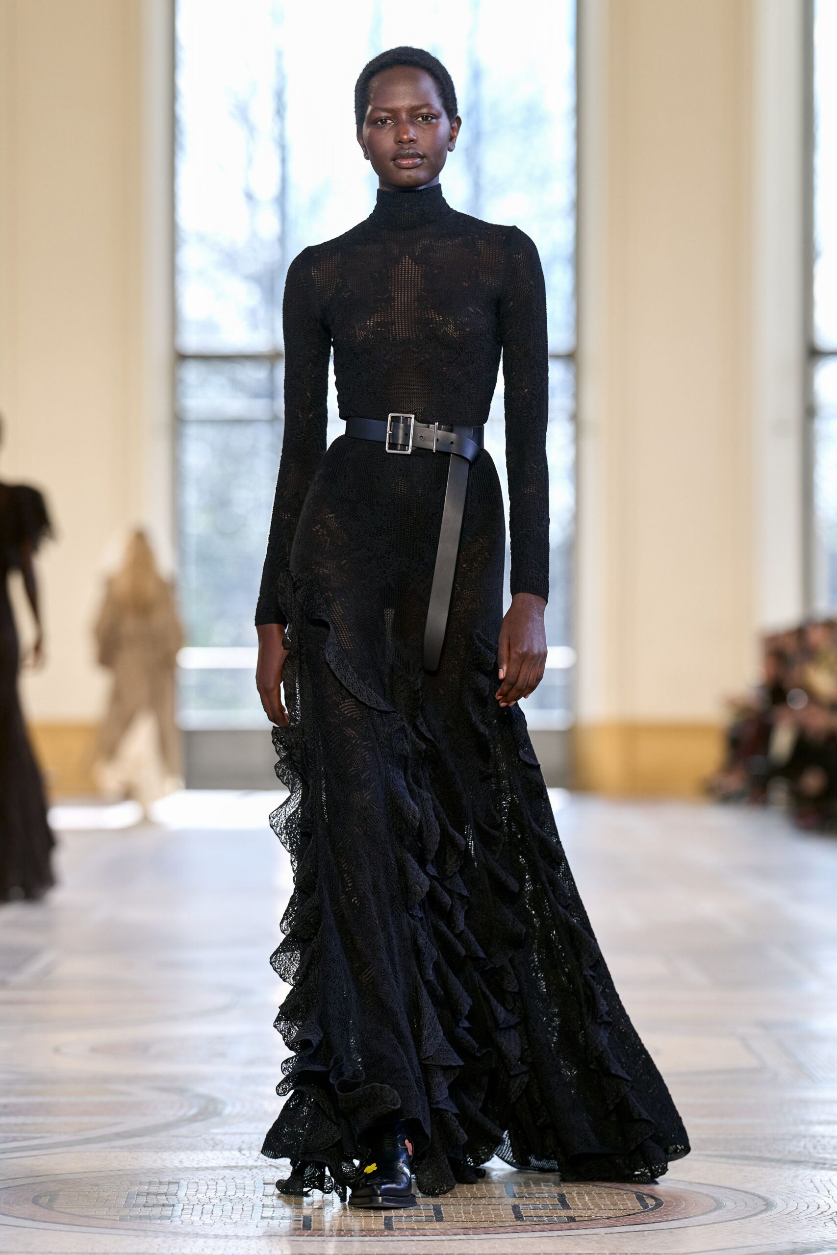 black lace long-sleeve gown