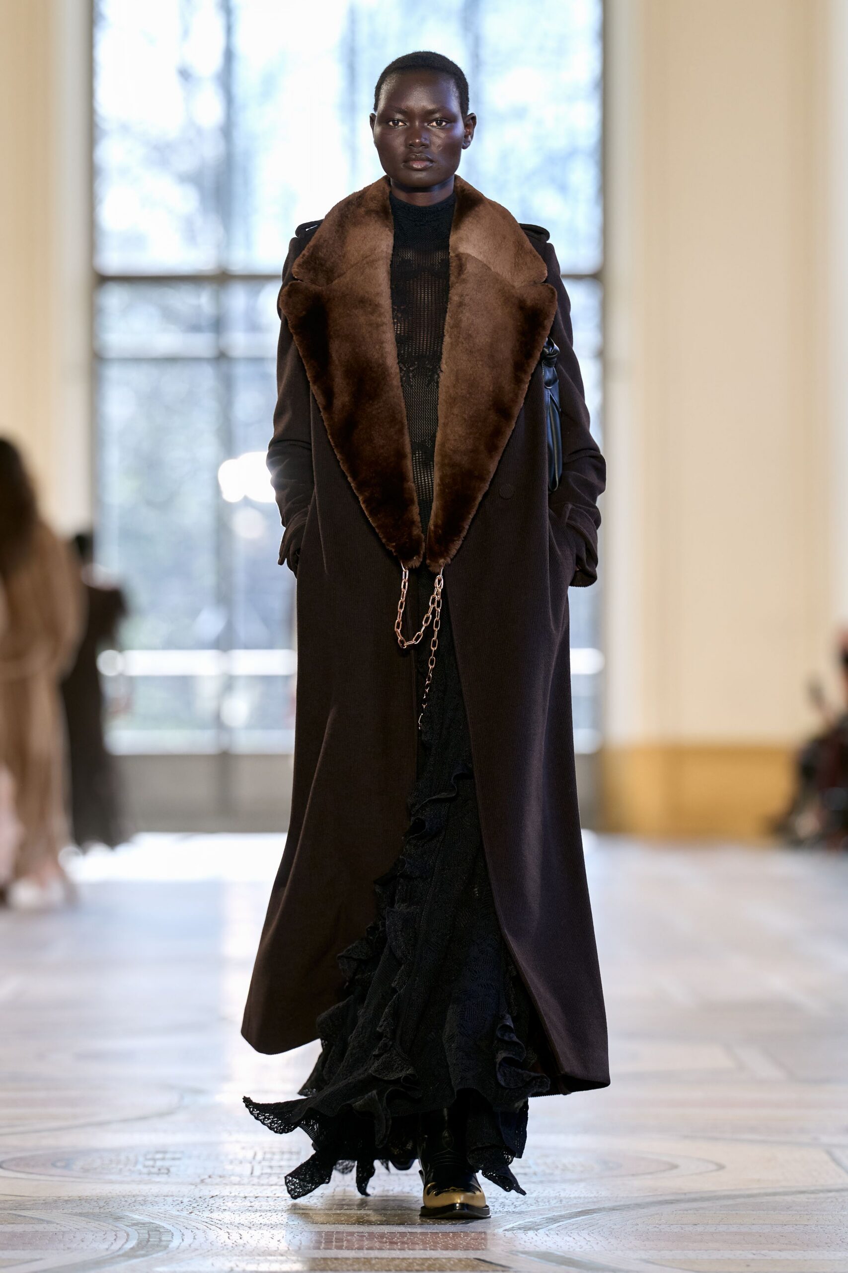 brown wool long-sleeve collared fitted layered maxi coat