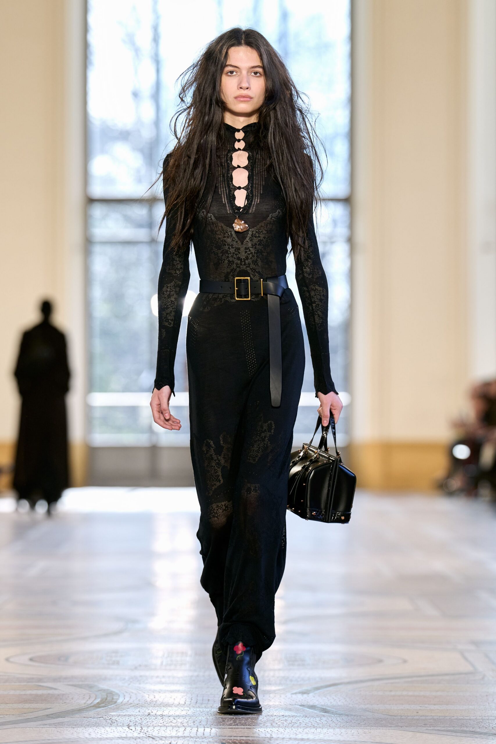black lace long-sleeve v-neck fitted embroidered catsuit