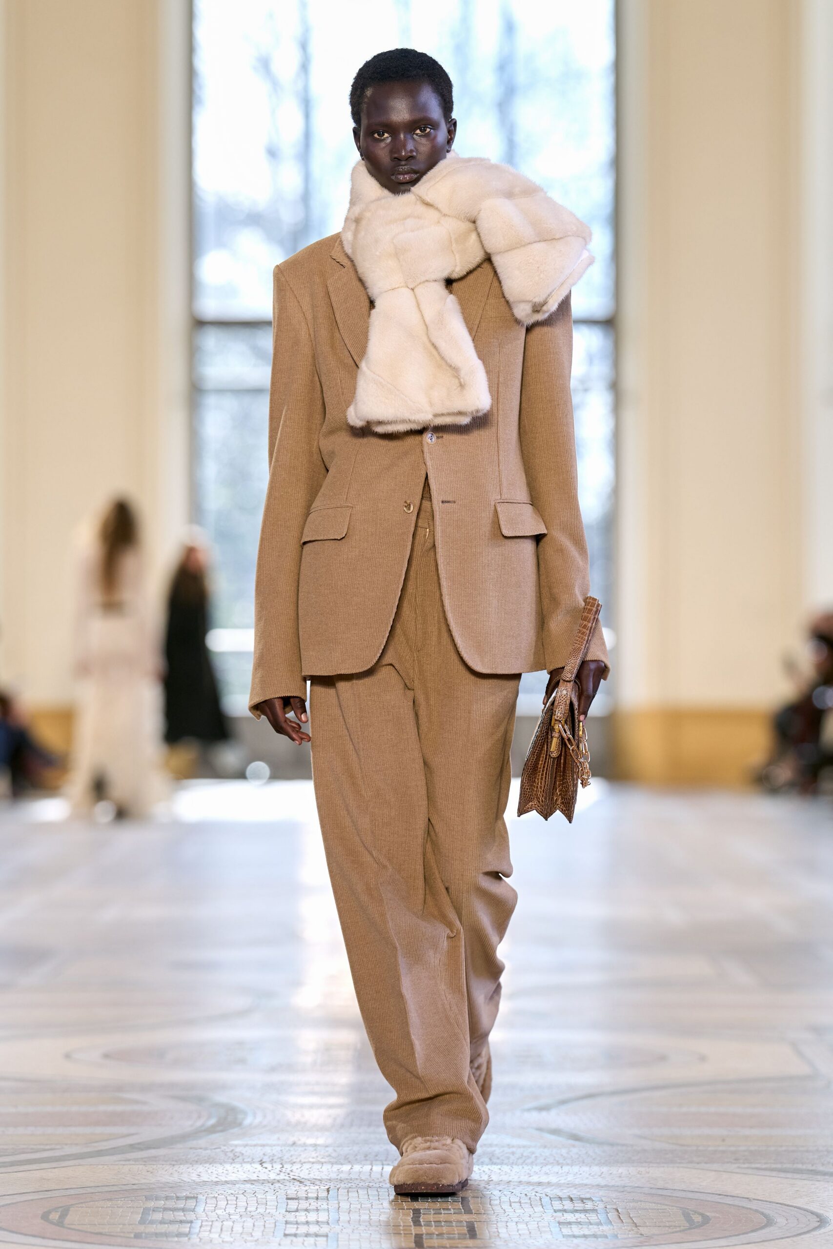 beige wool tailored straight-leg pants
