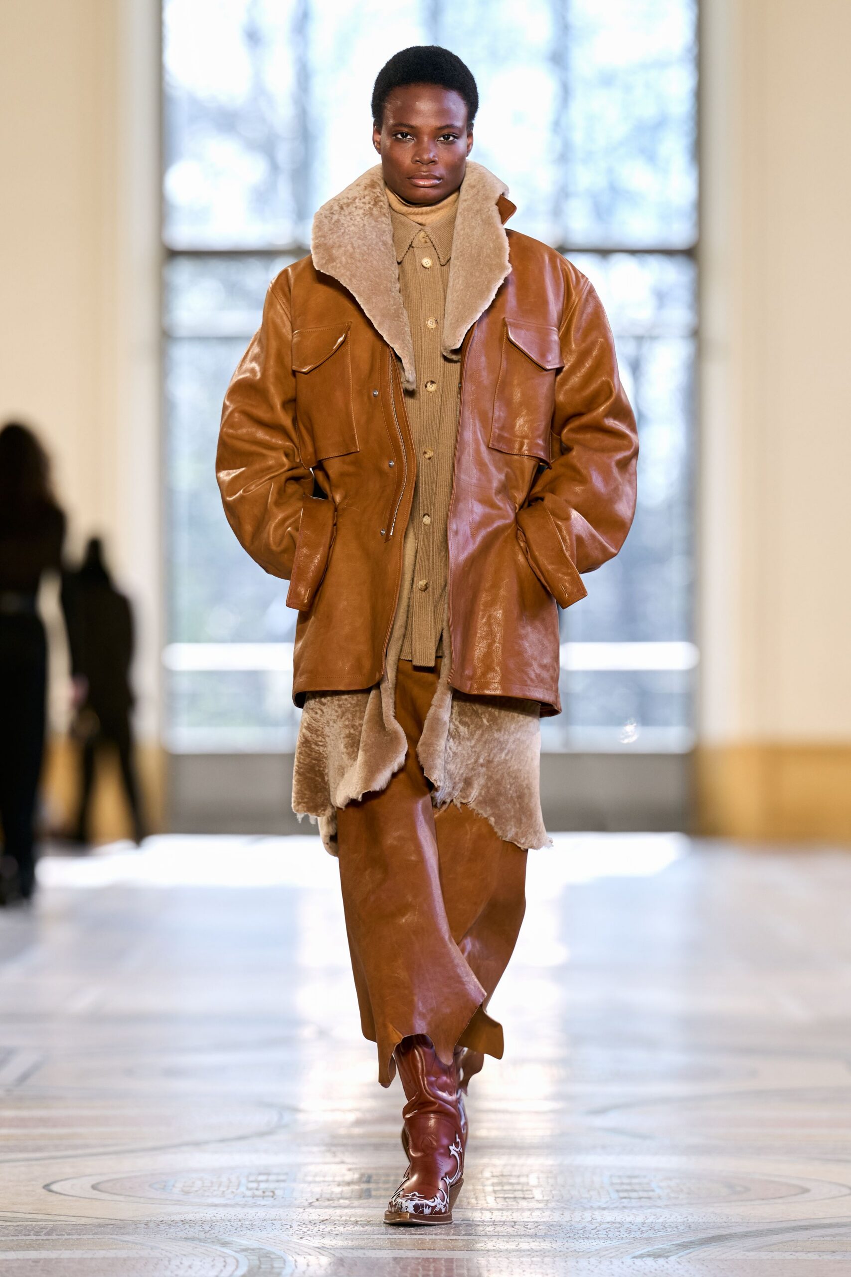 brown leather coat and pants
