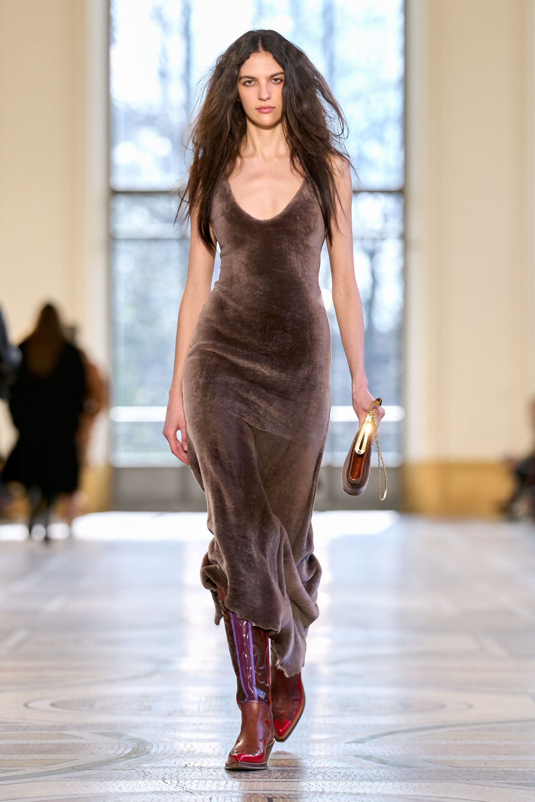 brown velvet sleeveless v-neck fitted flowing midi dress