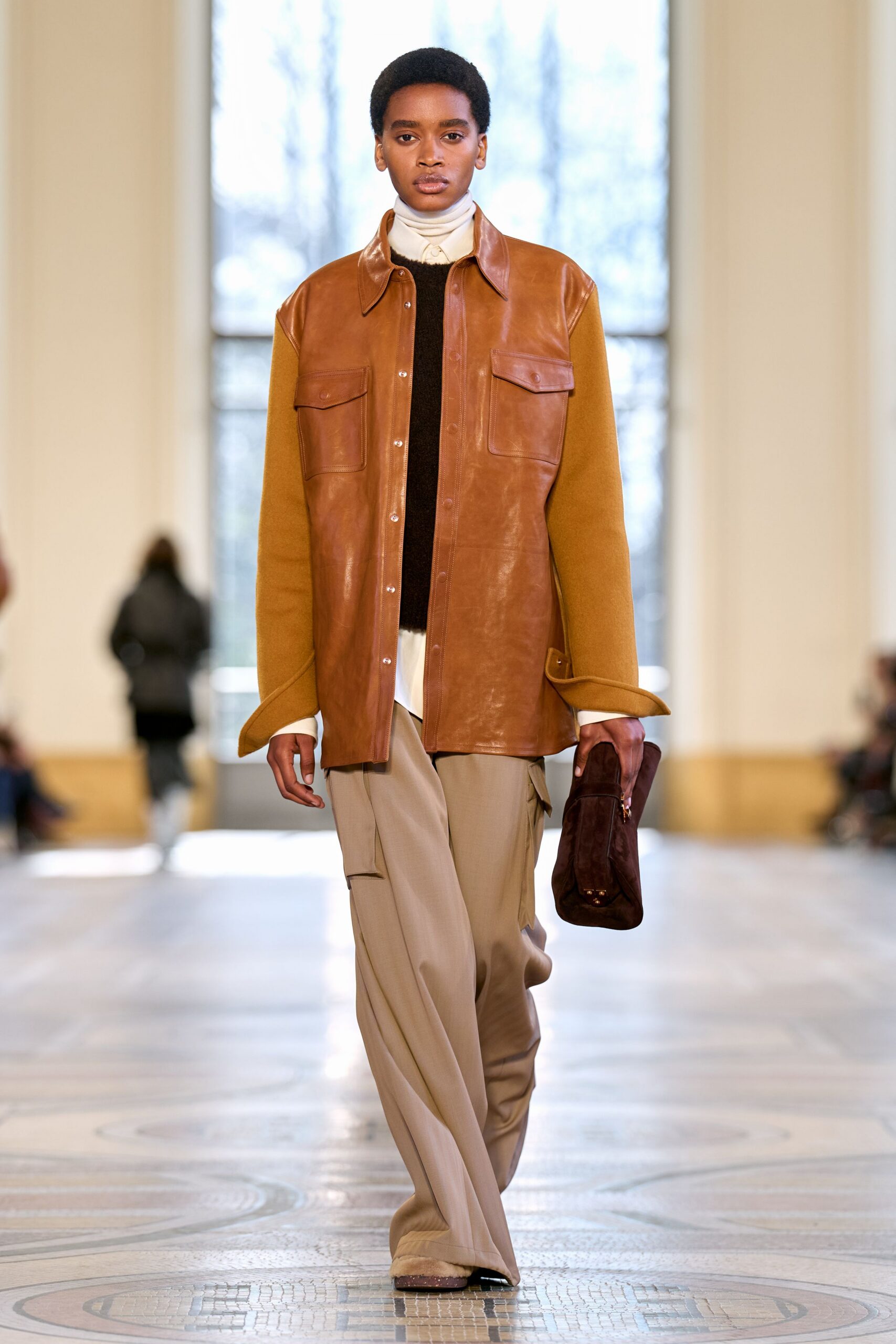 brown leather long-sleeve collared relaxed buttoned jacket