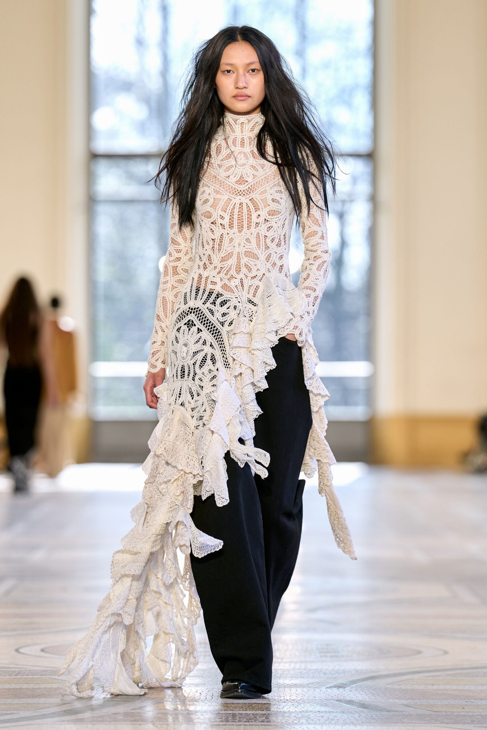 white lace long-sleeve high-neck fitted ruffled layered dress
