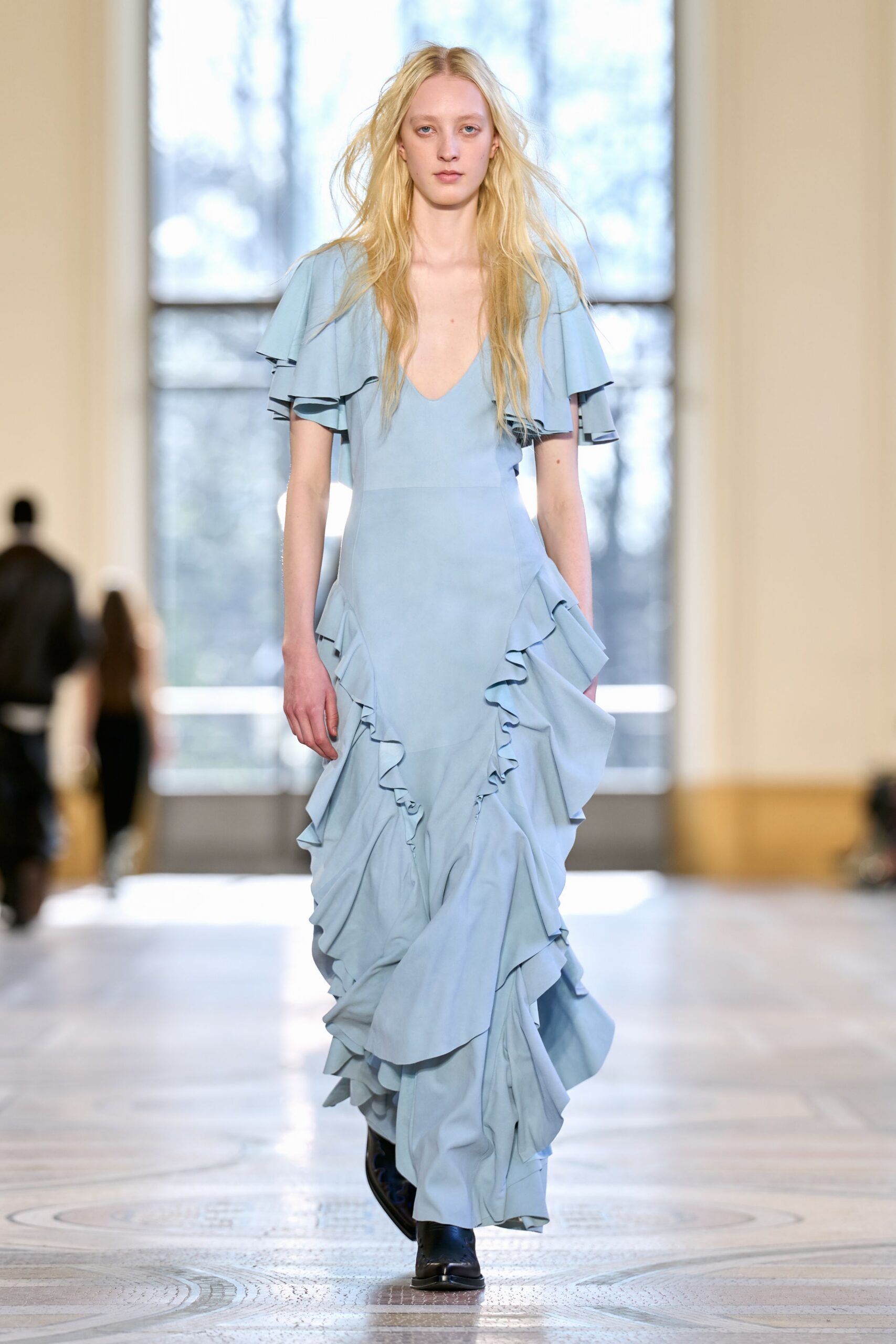 blue silk sleeveless v-neck fitted ruffled flowing dress