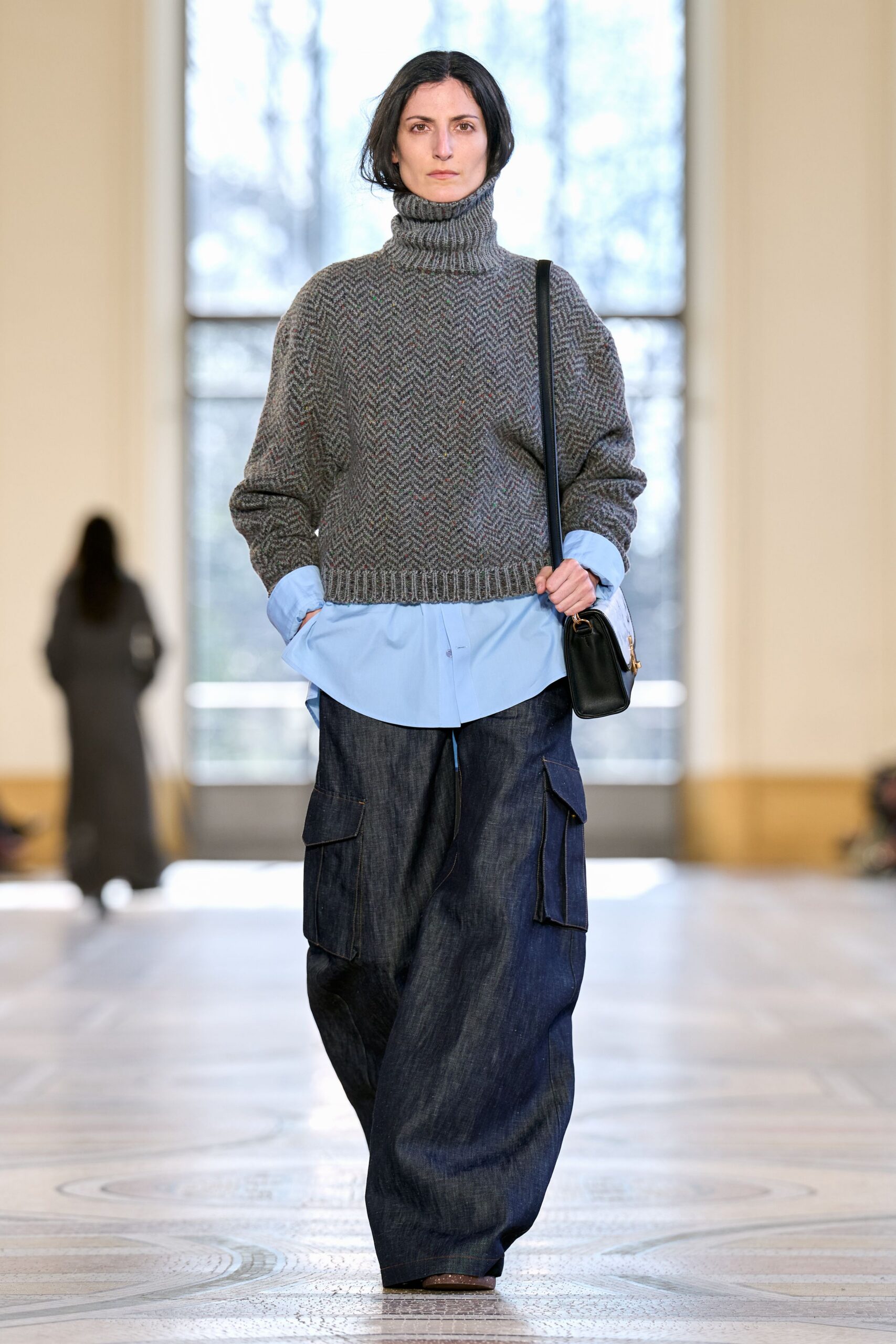 gray wool relaxed sweater with blue shirt