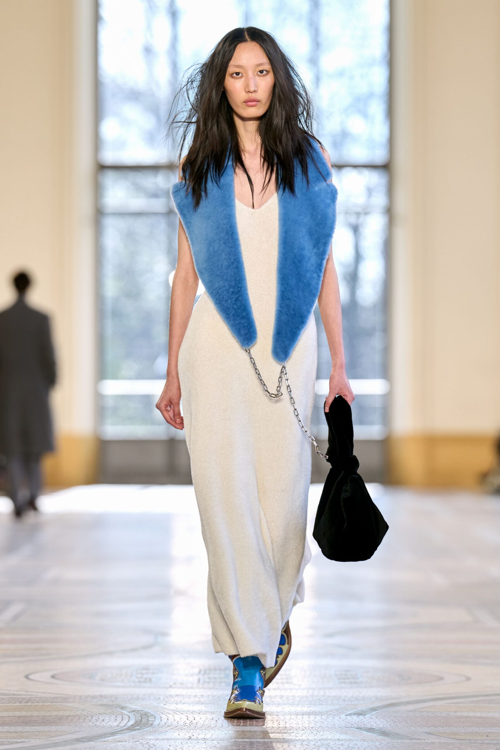 white wool sleeveless v-neck fitted layered maxi dress