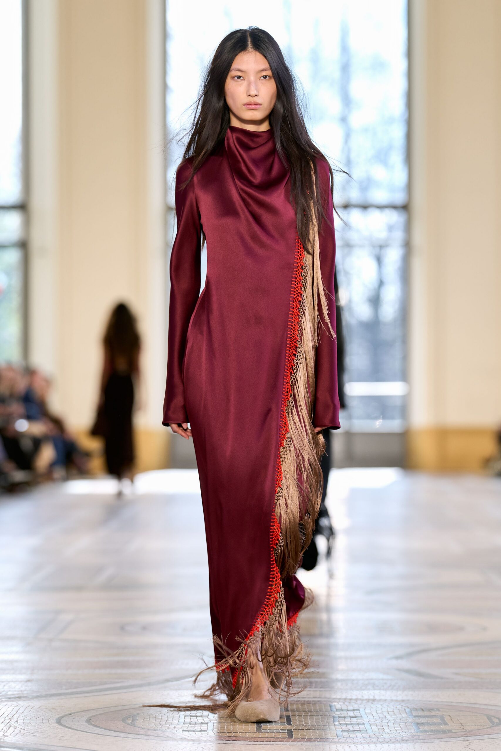 maroon silk long-sleeve gown