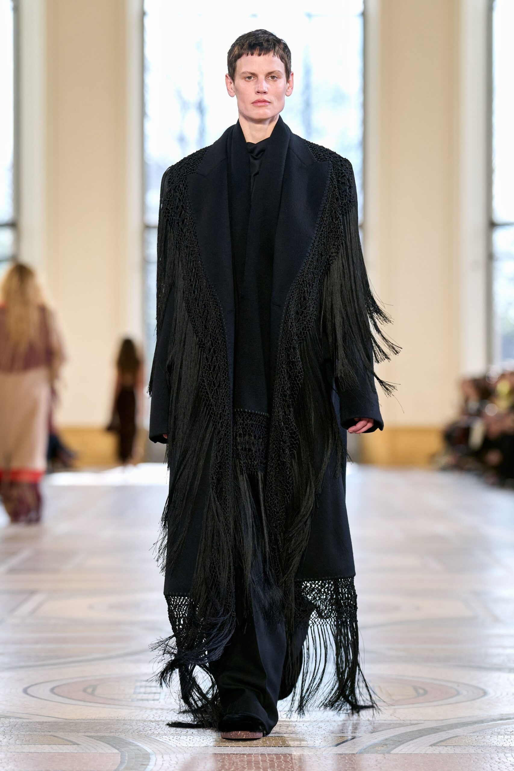 black wool relaxed coat with fringes