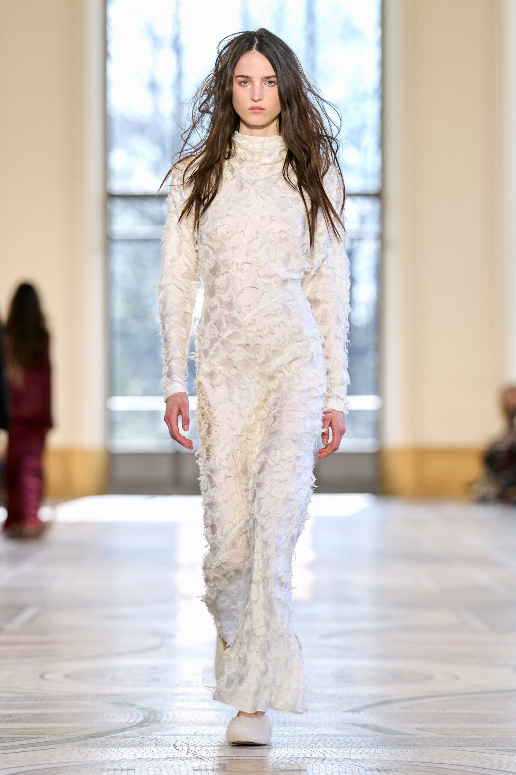 white silk long-sleeve high-neck fitted embroidered sheer gown