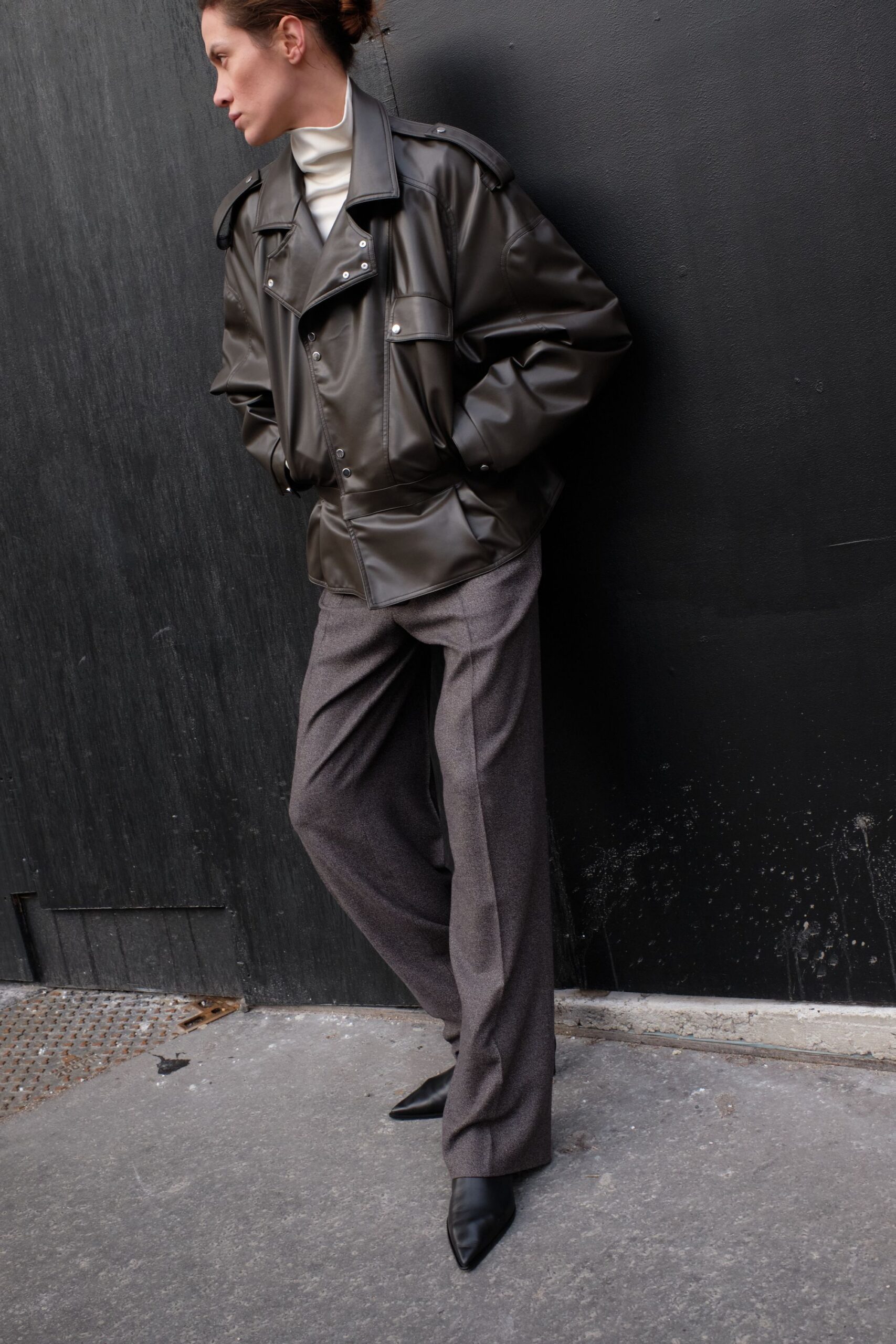 black leather jacket gray pants