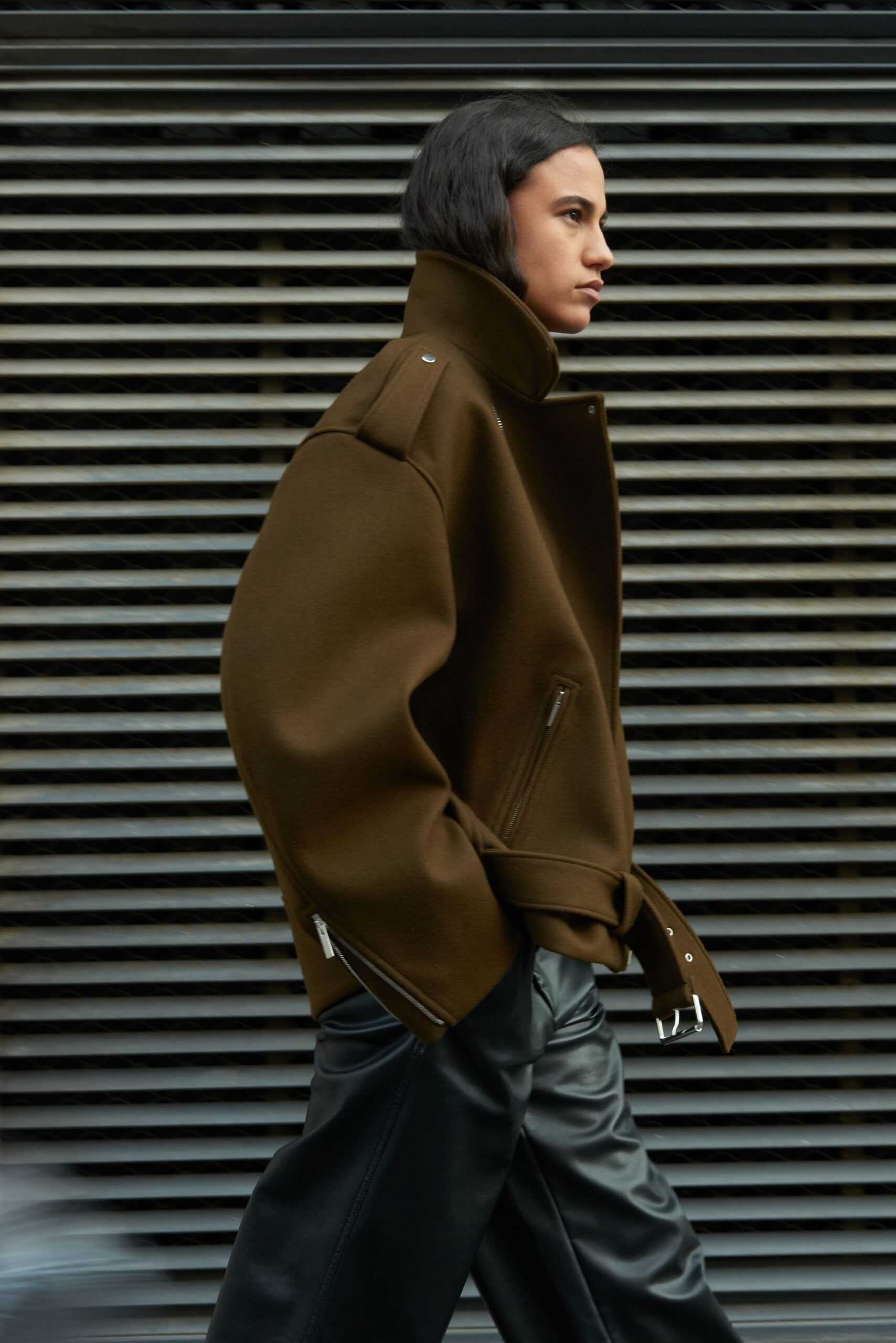 brown wool long-sleeve collared oversized zippered jacket