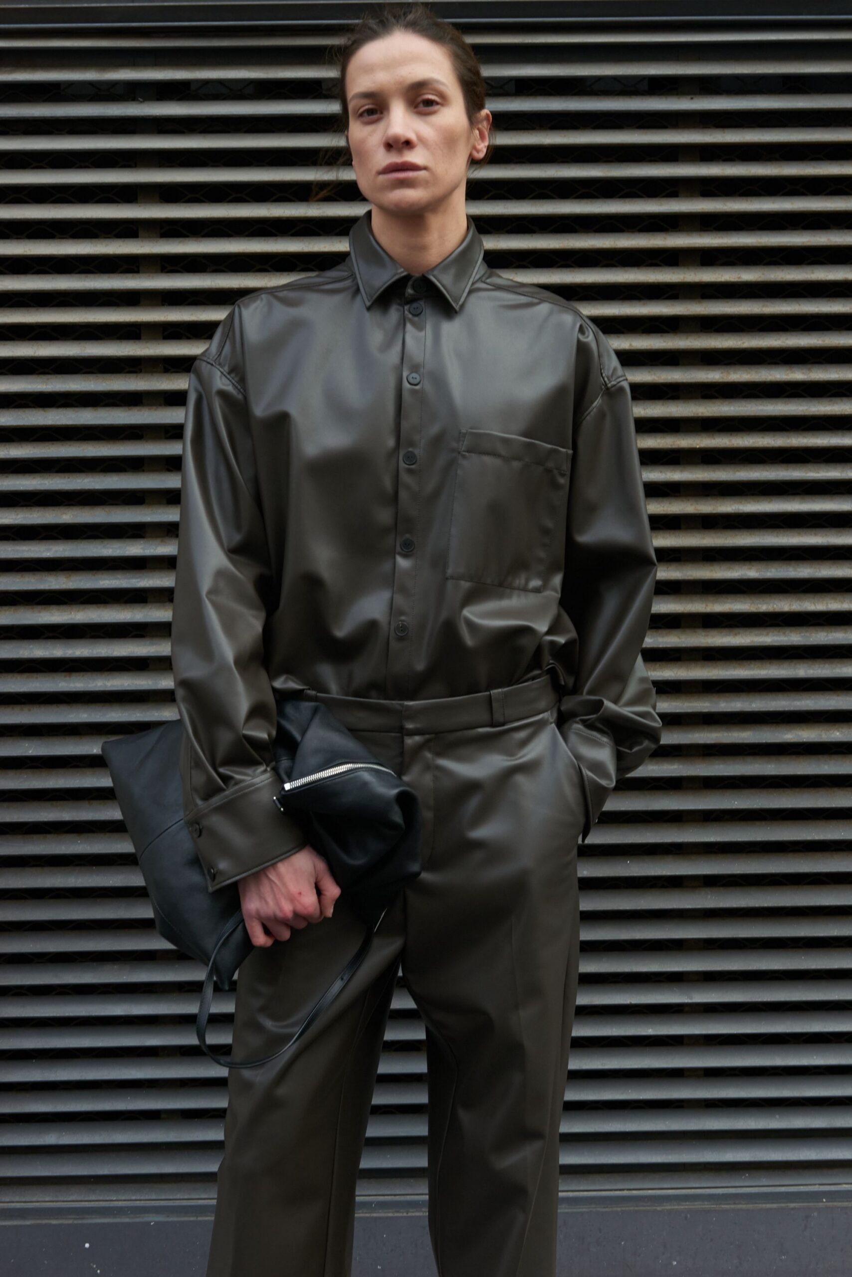 black vinyl long-sleeve collared fitted shirt