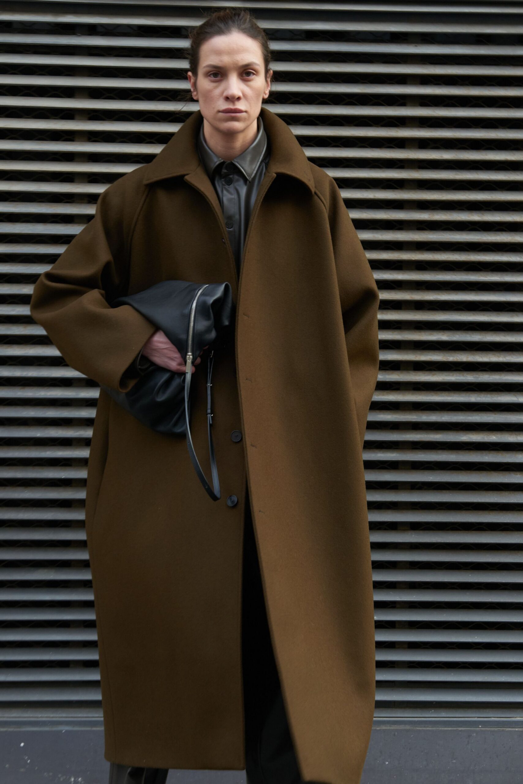 brown wool long-sleeve collared oversized maxi coat