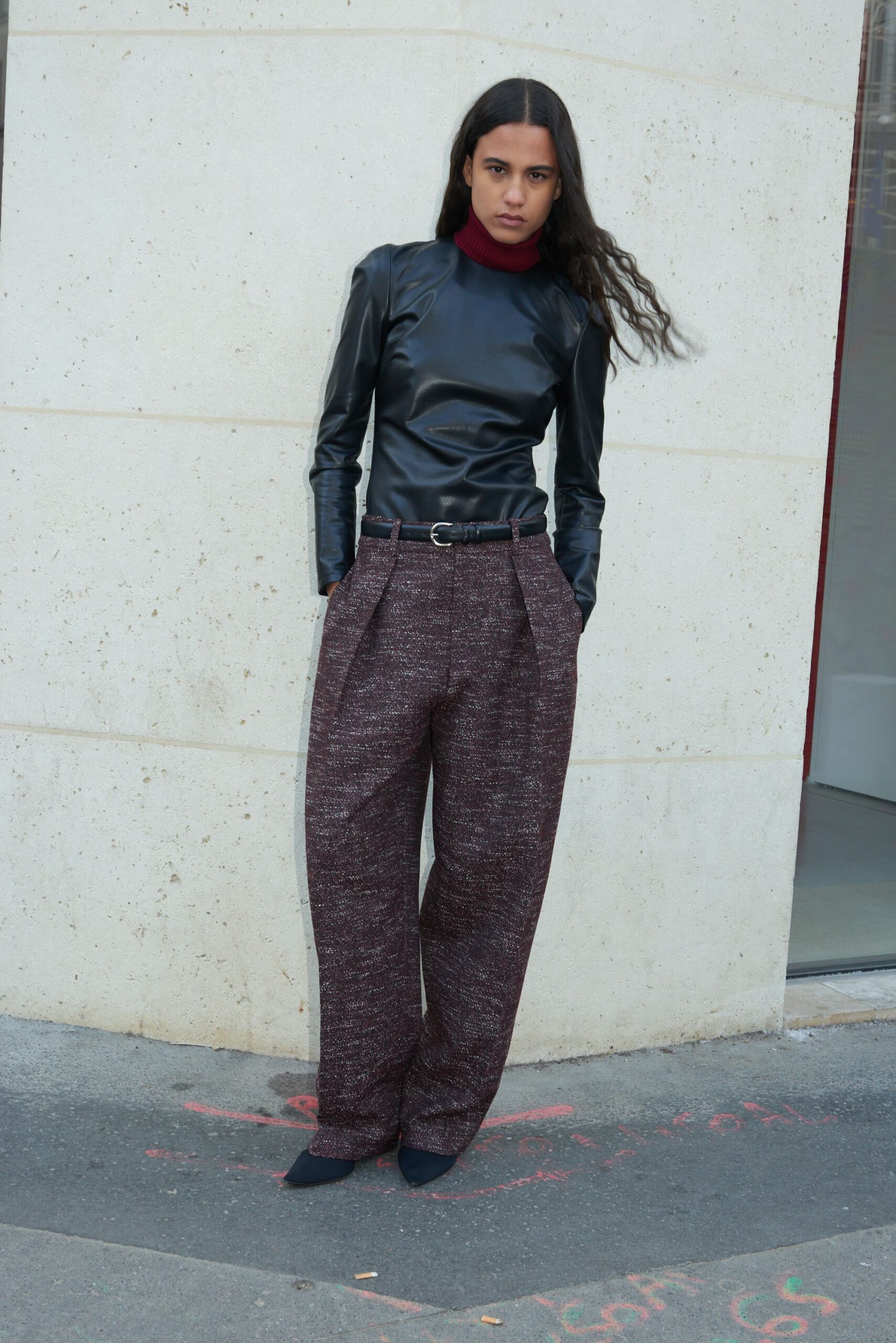 maroon cotton relaxed pleated wide-leg pants