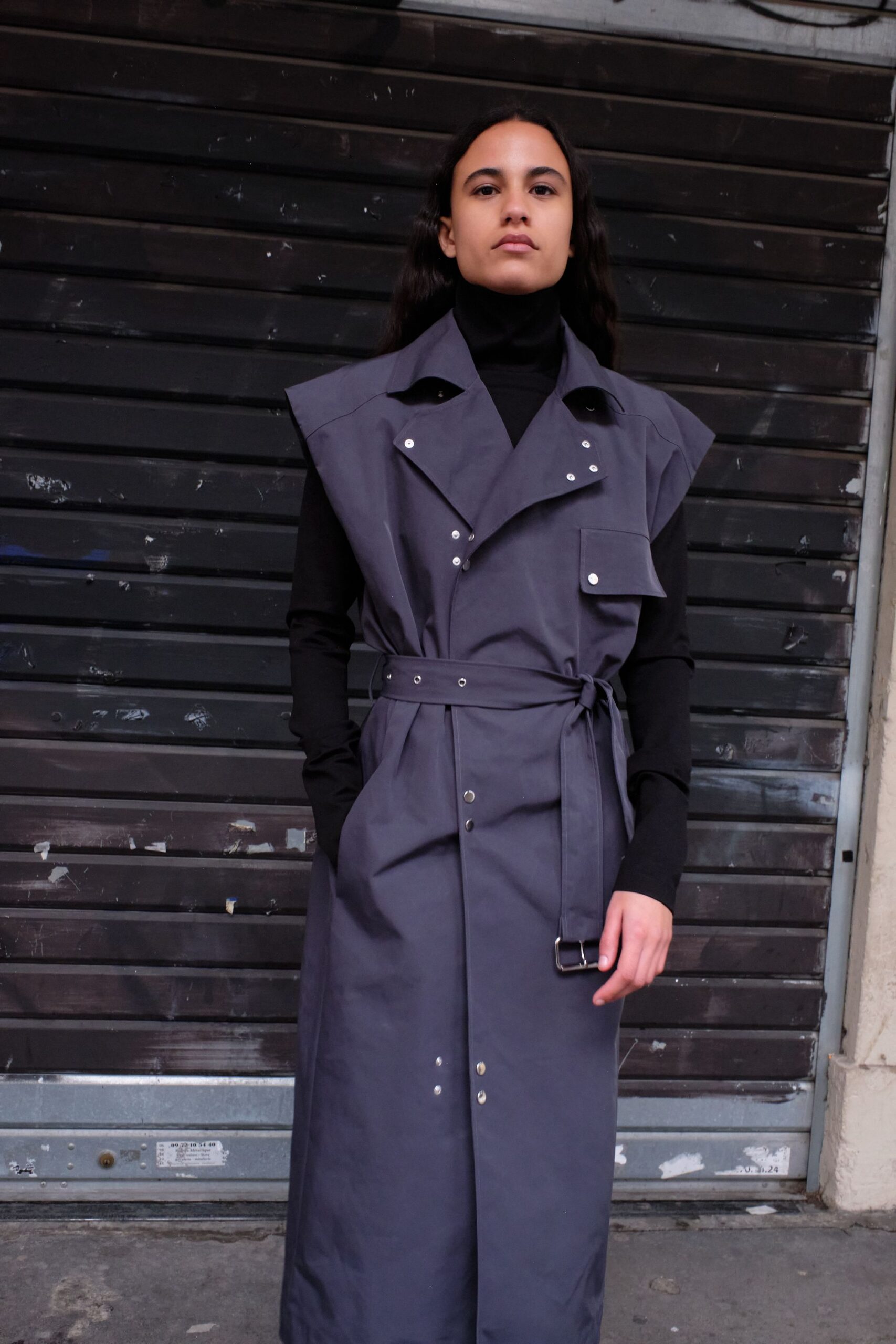 gray cotton long-sleeve collared fitted buttoned belted coat