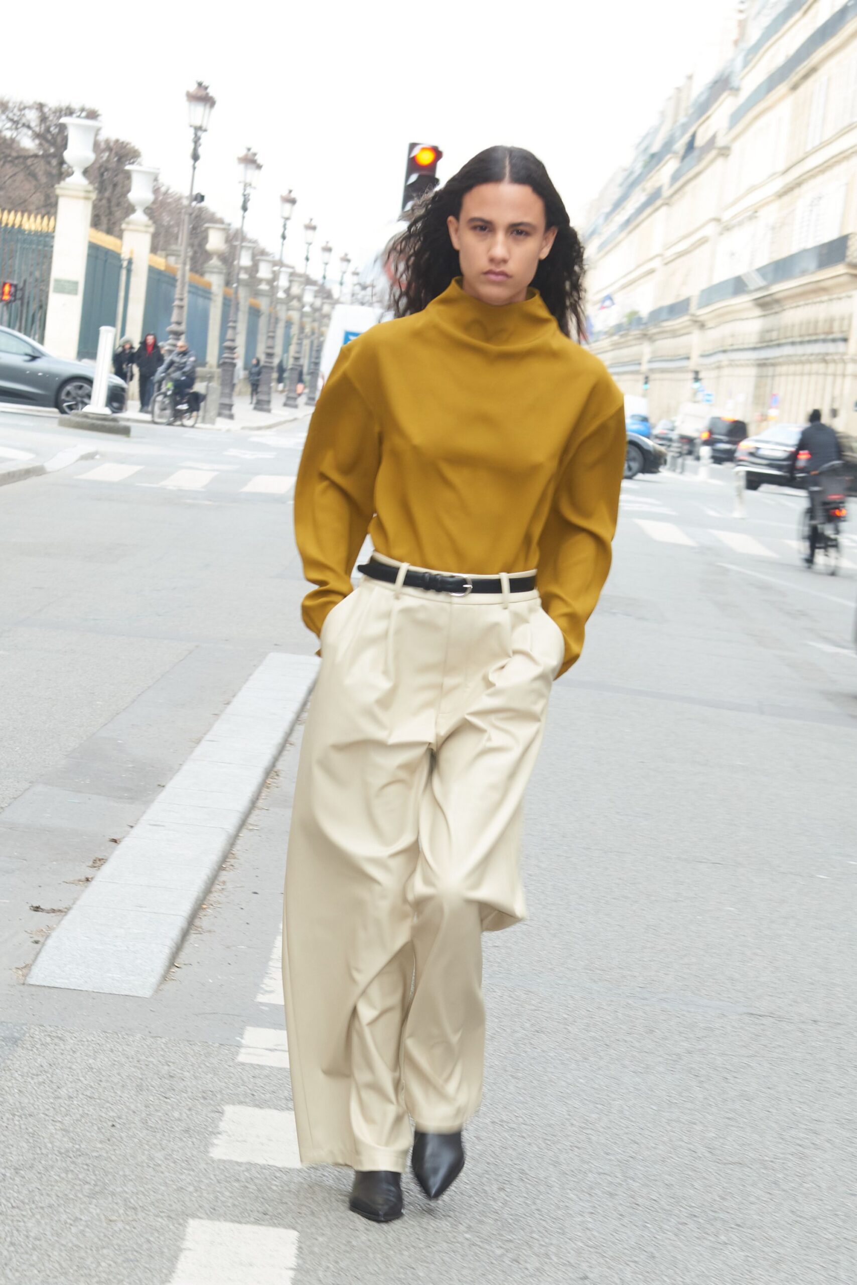yellow cotton long-sleeve turtleneck relaxed top