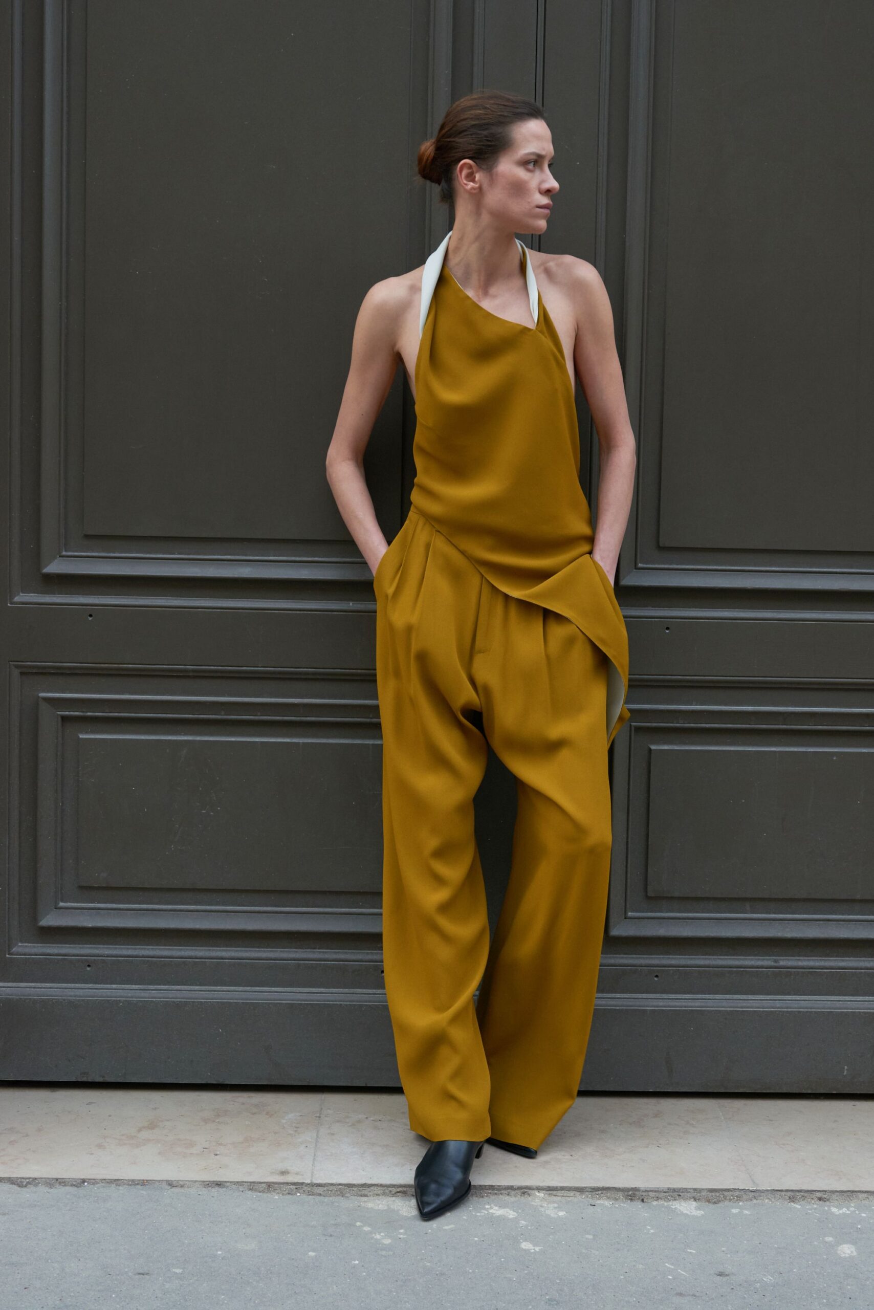 yellow silk sleeveless halter relaxed draped top