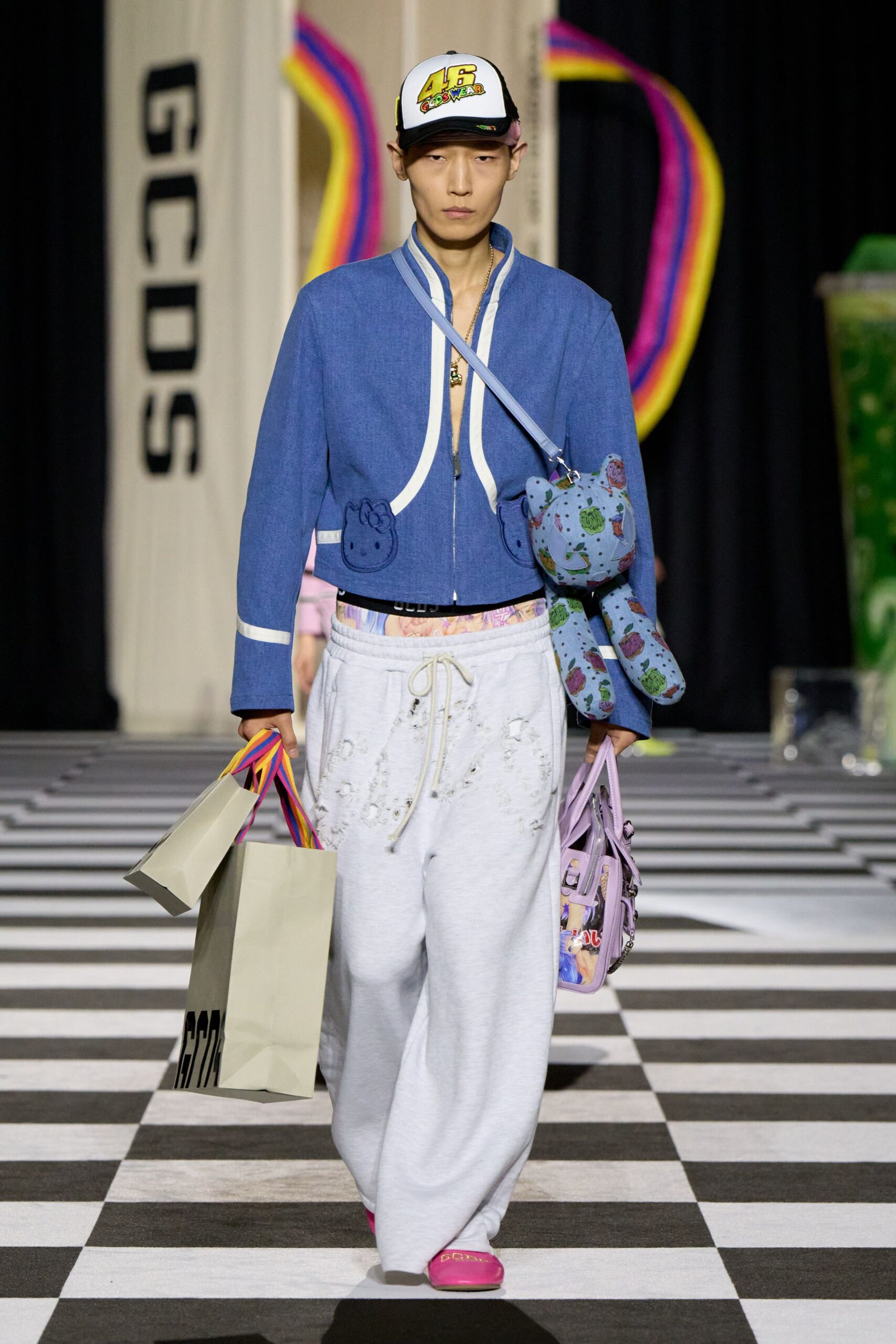 blue denim jacket with relaxed pants