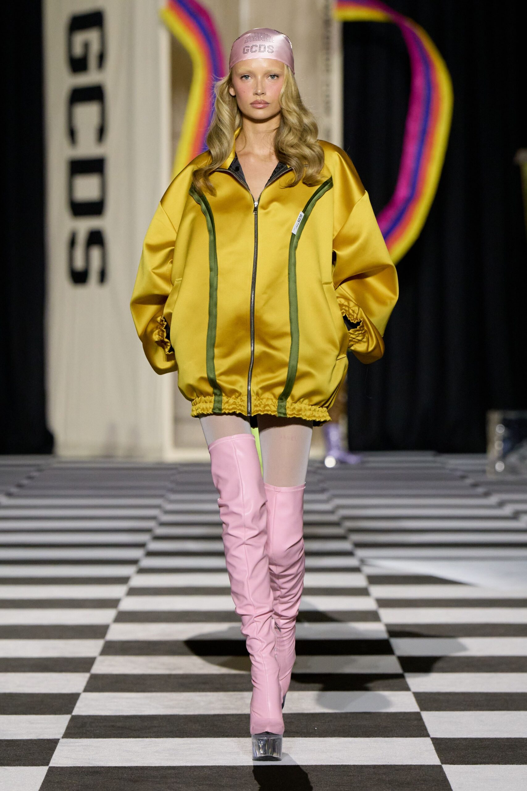yellow silk long-sleeve collared oversized zippered jacket