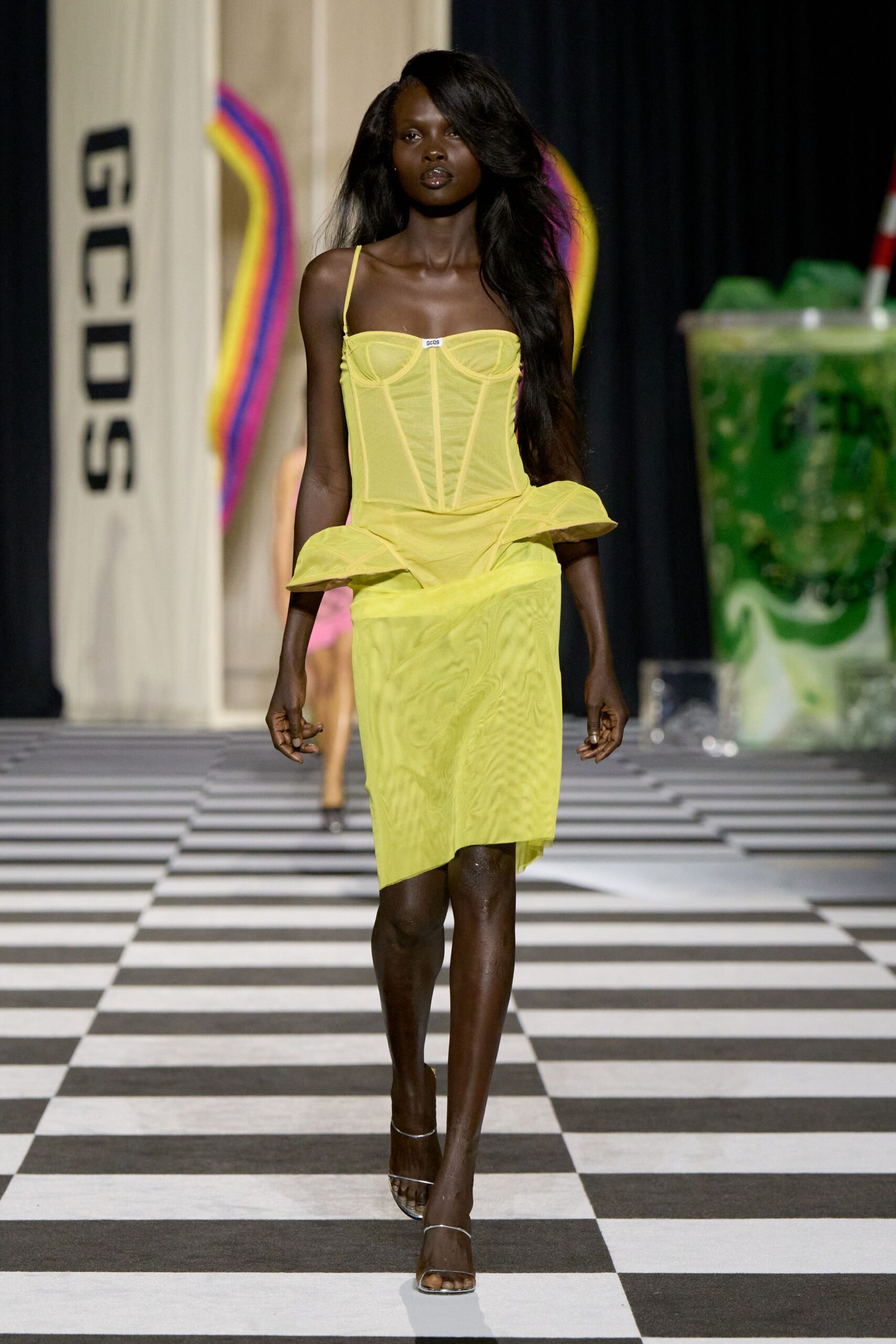 yellow silk sleeveless v-neck fitted ruched tiered dress