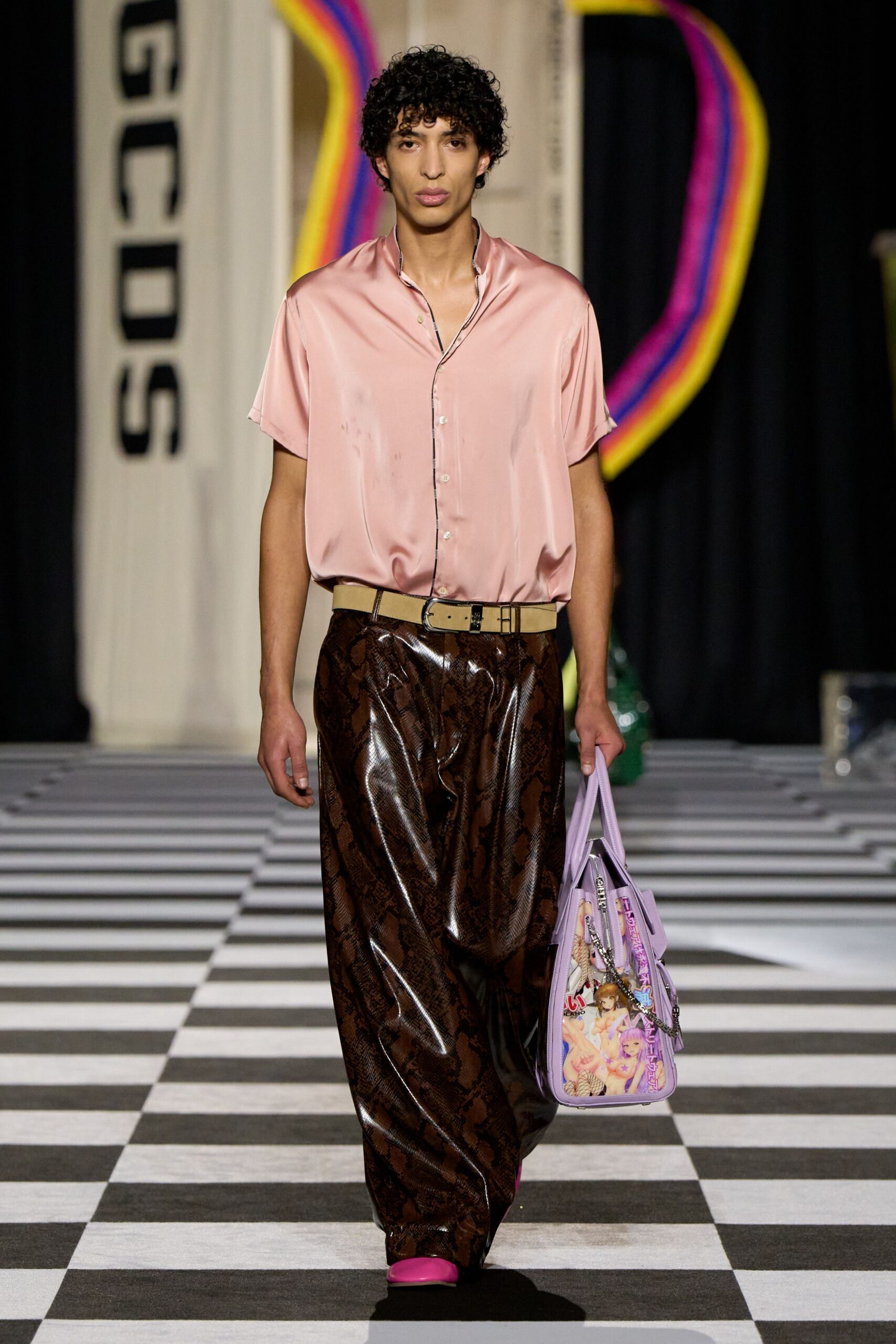 pink silk shirt with brown pants