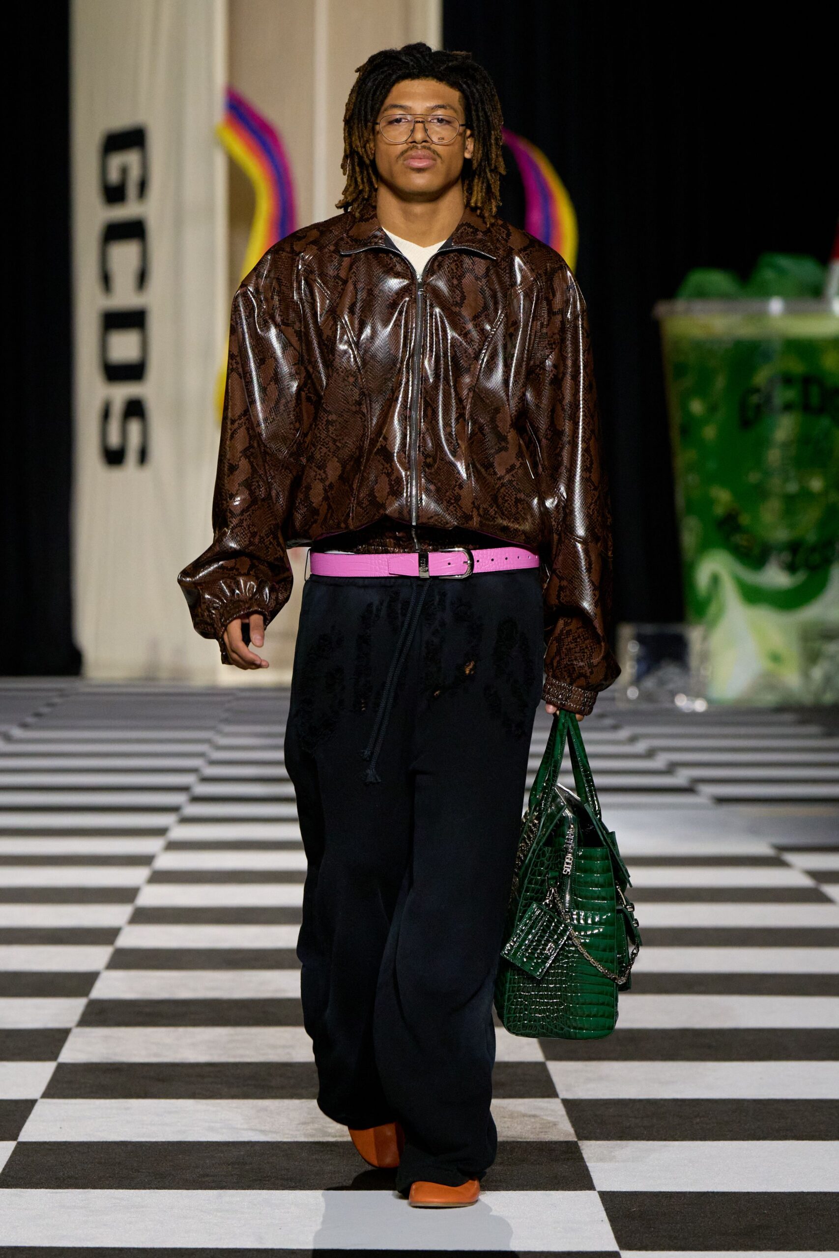brown leather jacket with relaxed pants