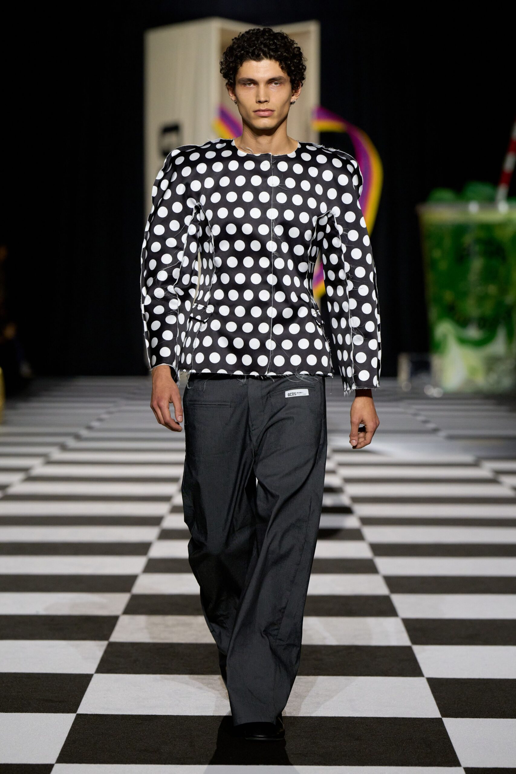 black long-sleeve collared fitted polka-dot jacket