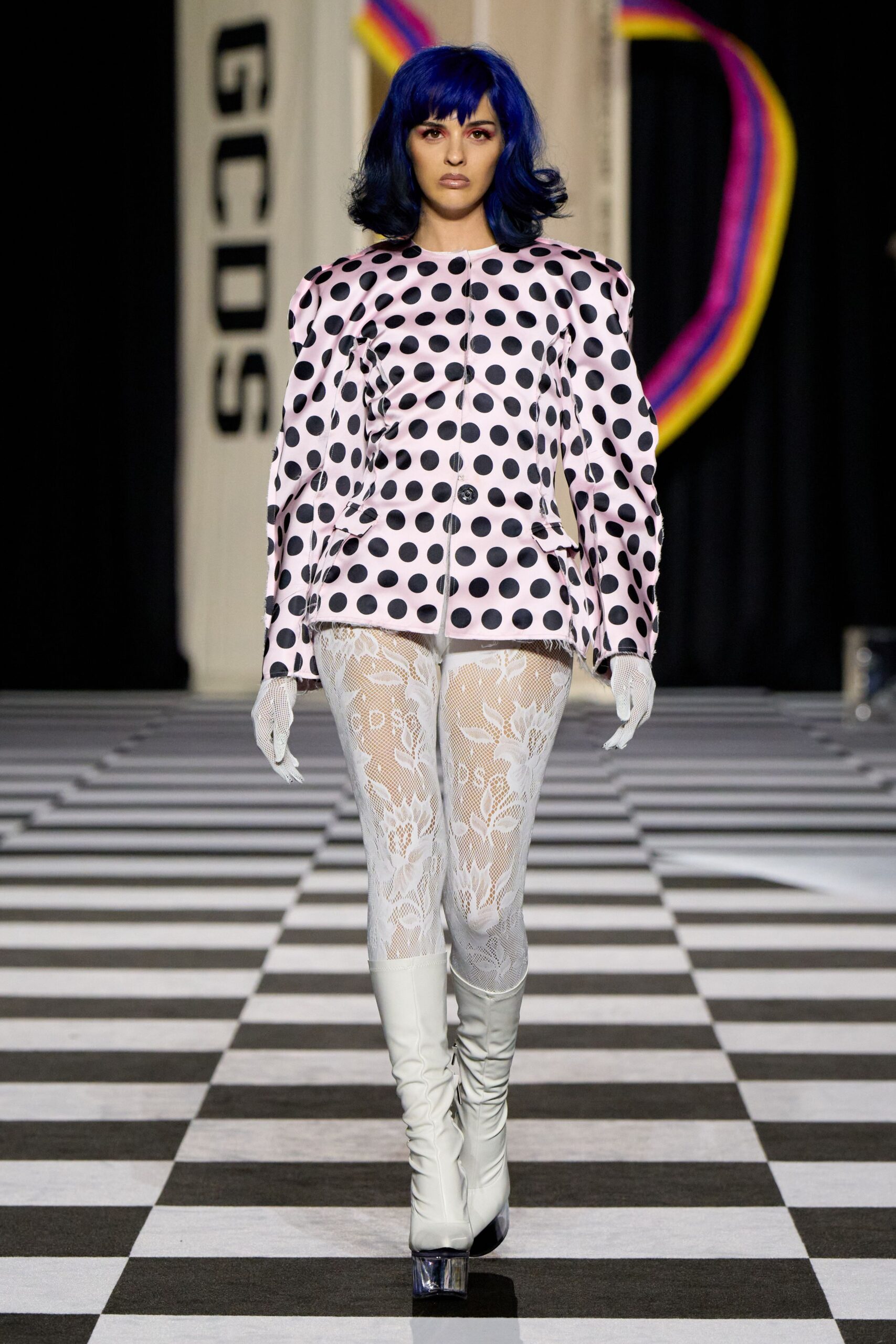 pink polka-dot jacket with lace pants