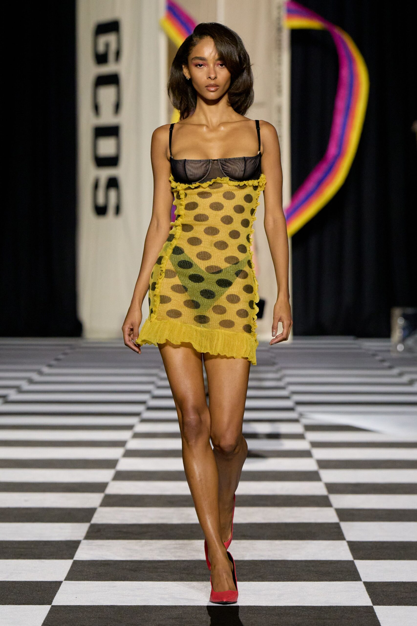 yellow cotton sleeveless low-cut fitted polka-dot sheer dress