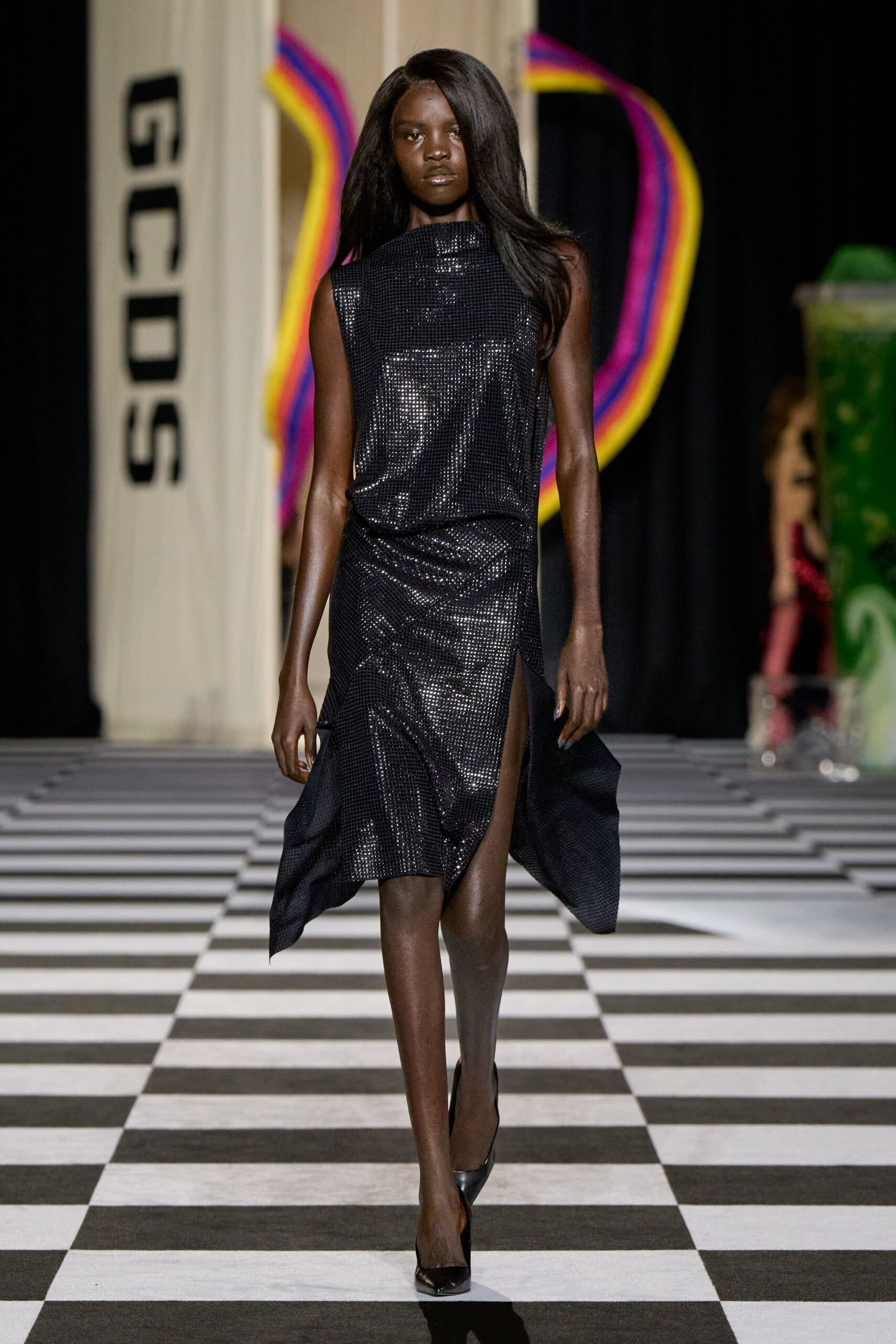 black silk sleeveless high-neck fitted sequined shiny dress