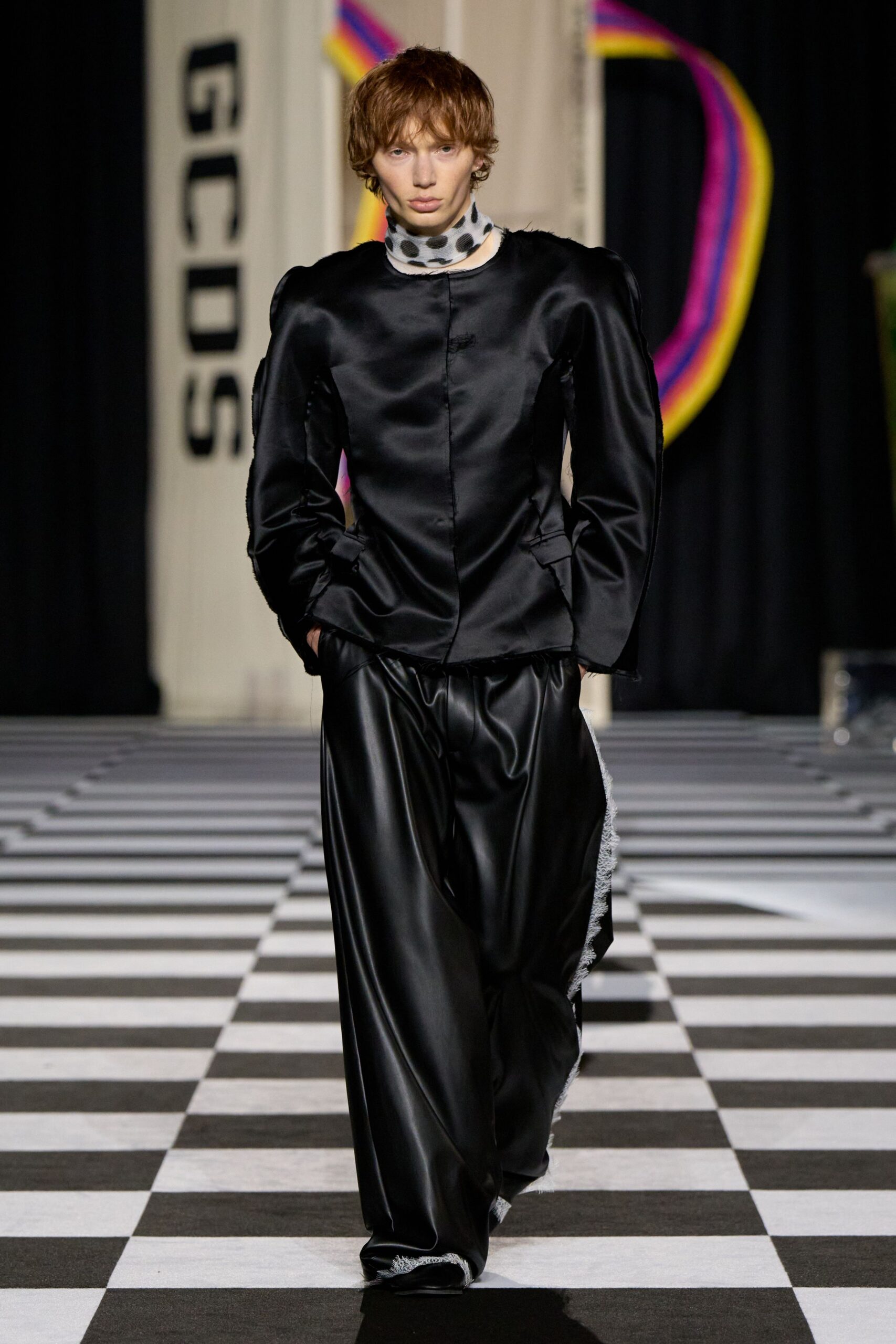 black silk long-sleeve collared structured buttoned jacket
