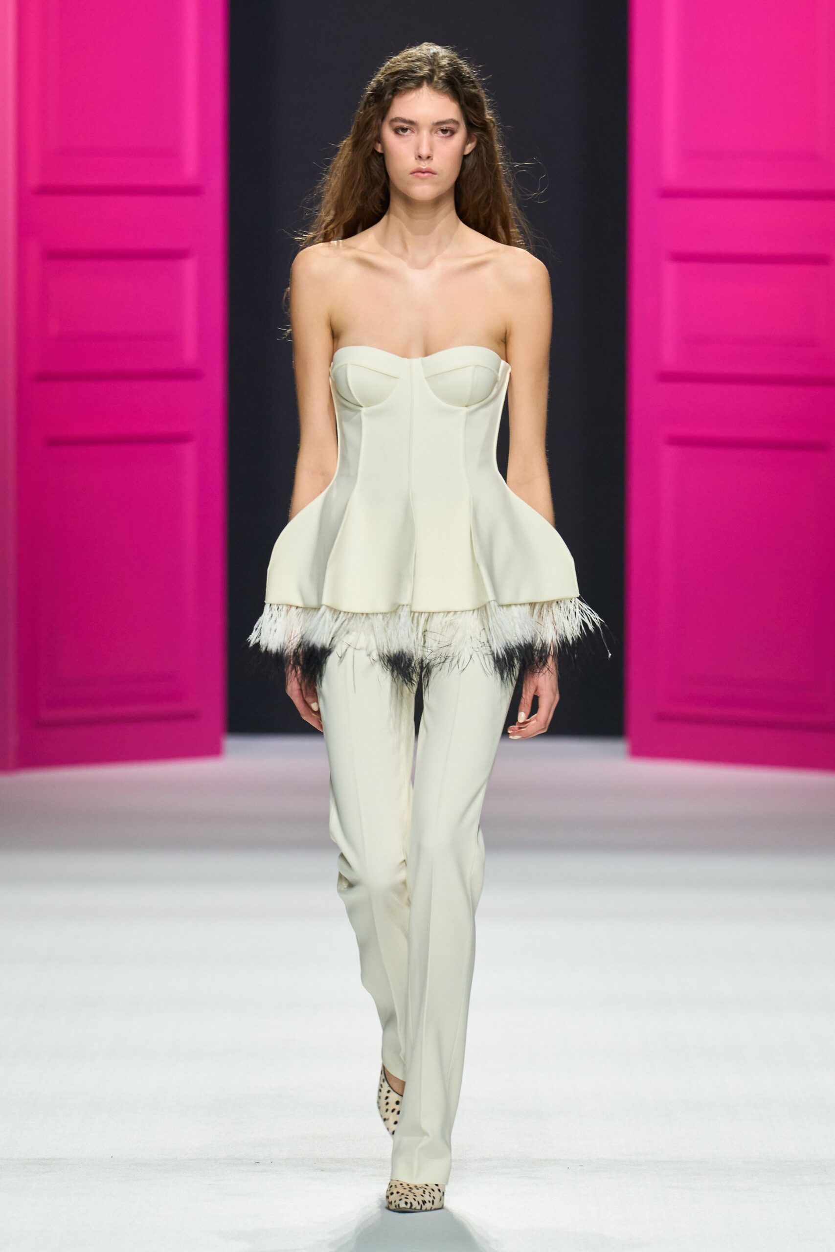 white silk strapless fitted ruffled top