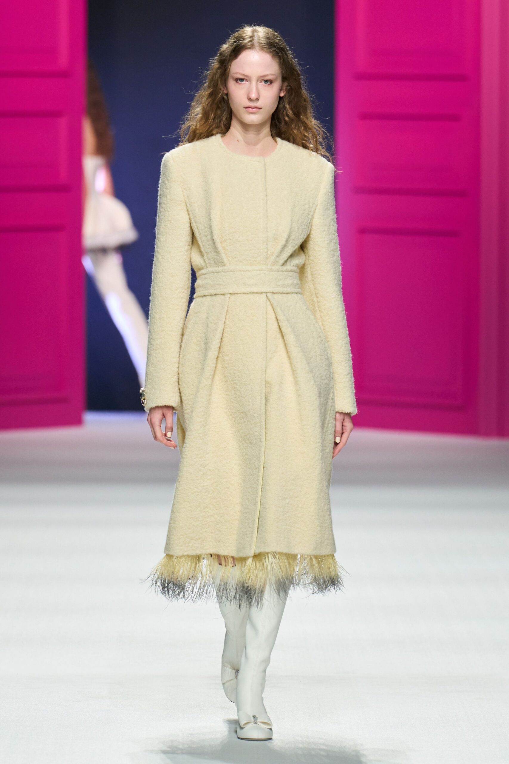 ivory wool belted coat with fringed hem
