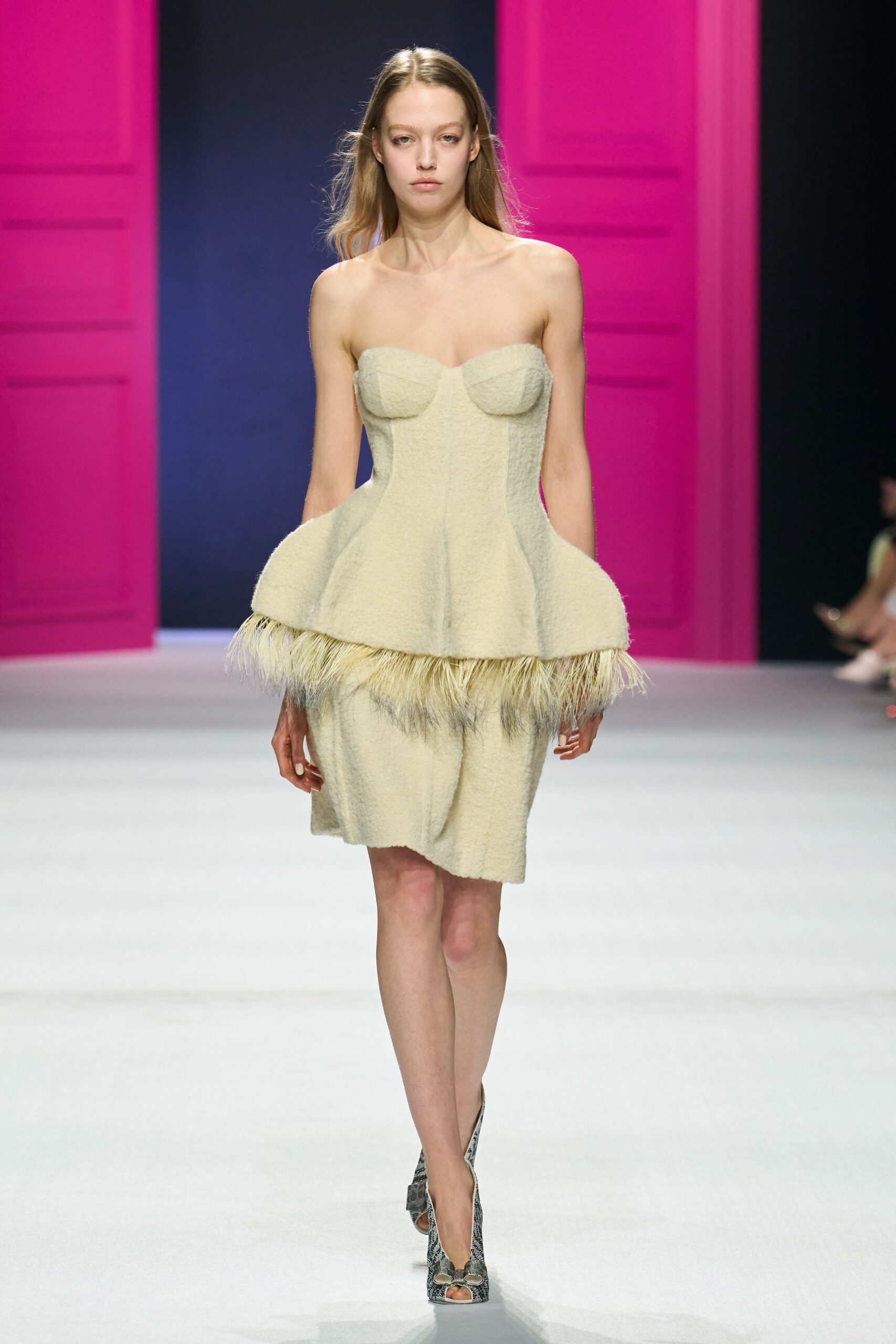 beige cotton strapless fitted ruffled tiered mini dress