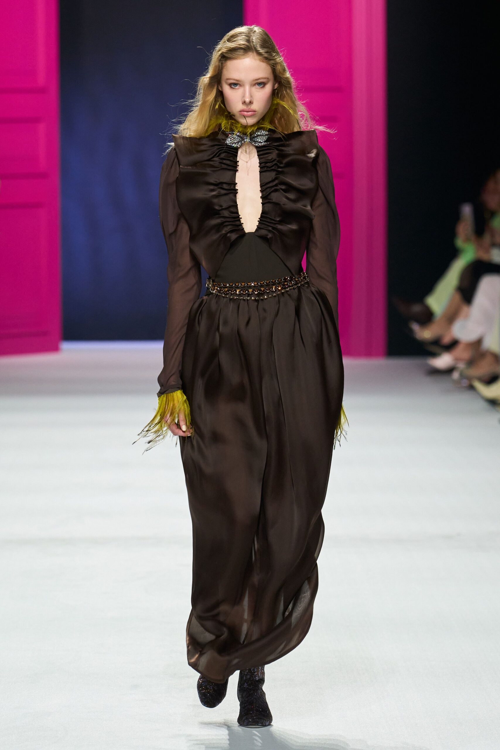 black silk long-sleeve v-neck fitted pleated draped dress