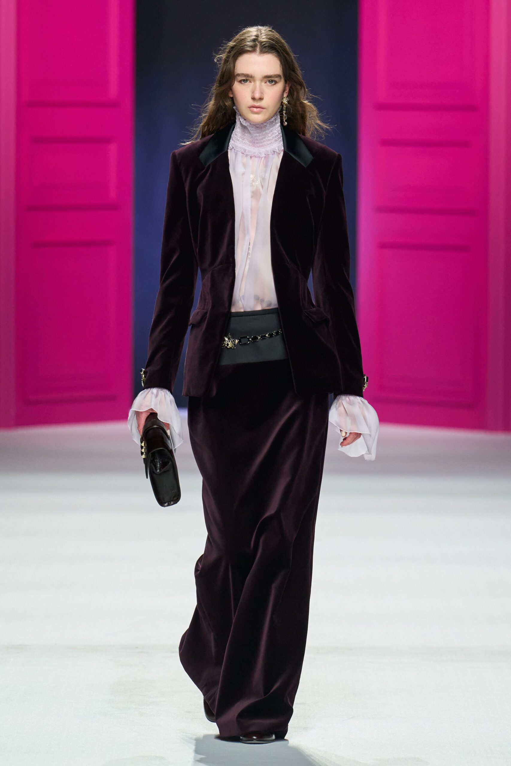 purple velvet fitted straight-leg maxi skirt