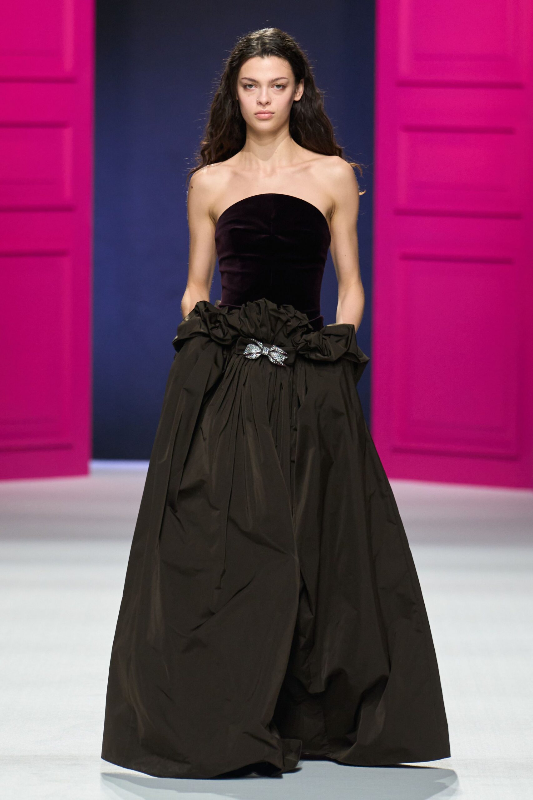 black and purple strapless gown