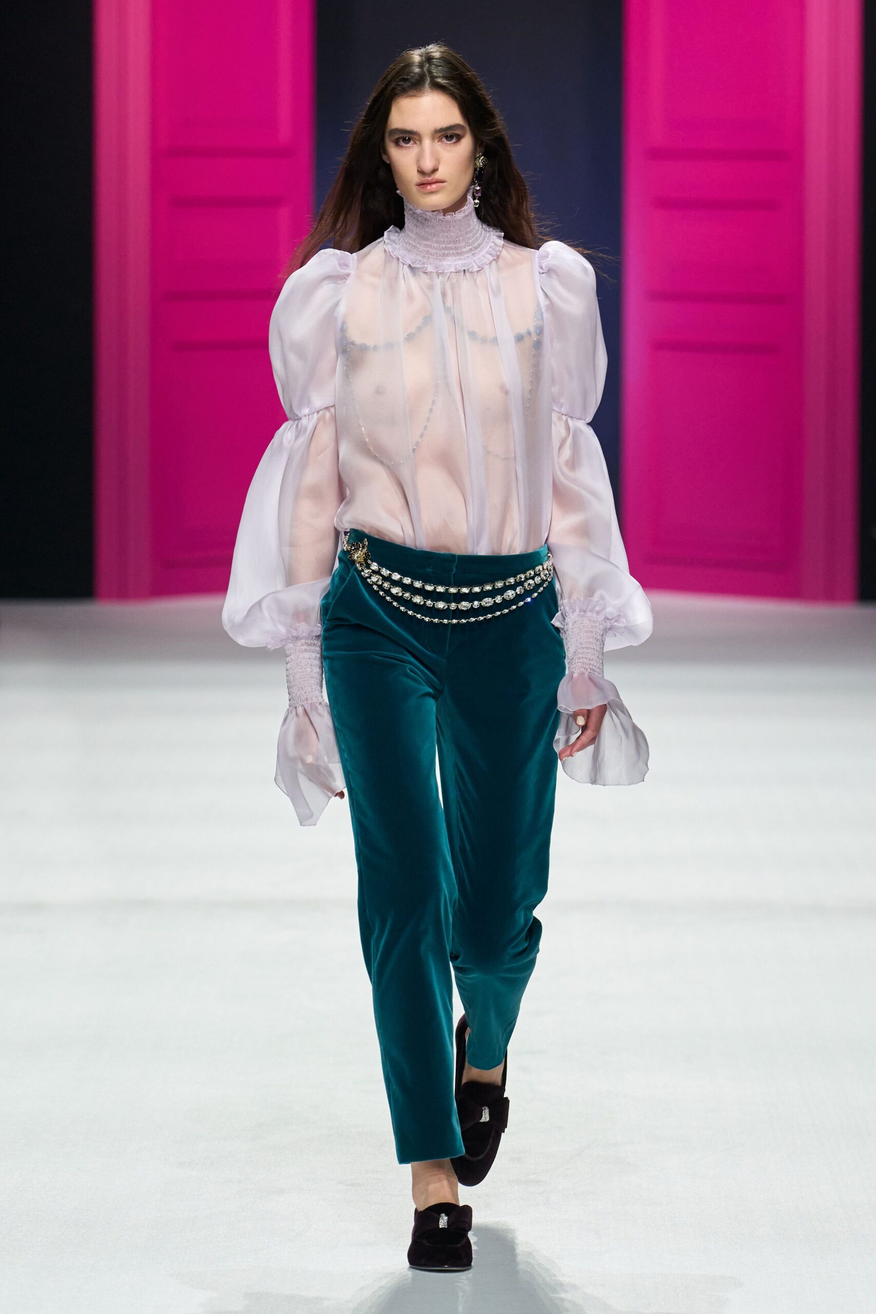 white chiffon long-sleeve high-neck fitted ruffled sheer blouse