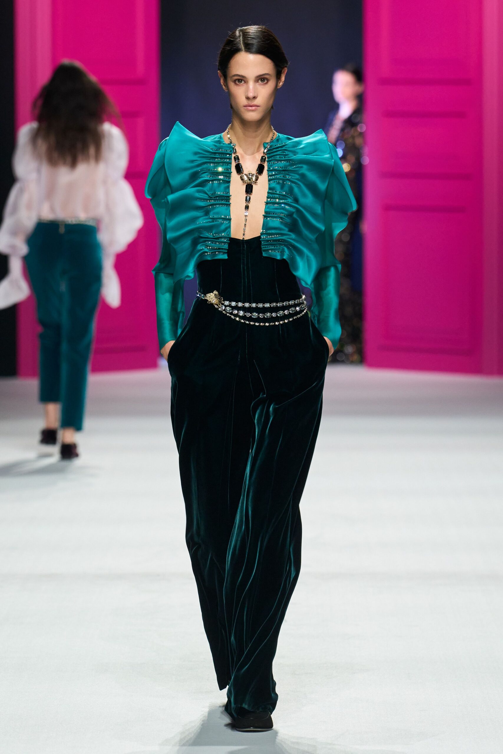 teal velvet long-sleeve v-neck fitted ruffled jacket